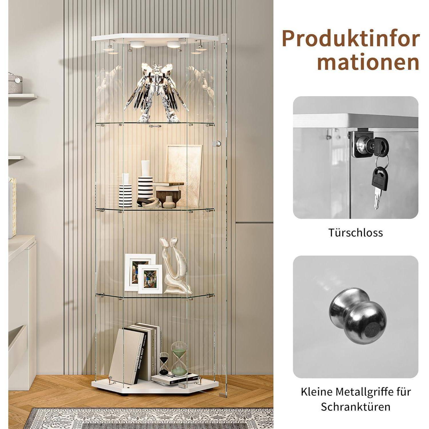 Glasvitrine Stehend mit Led,Glasvitrine Standvitrine,4 Lagen Glas Holz Glas Vitrine Vitrinenschrank 1 TüR und Schloss Vitrine Glasschrank Display