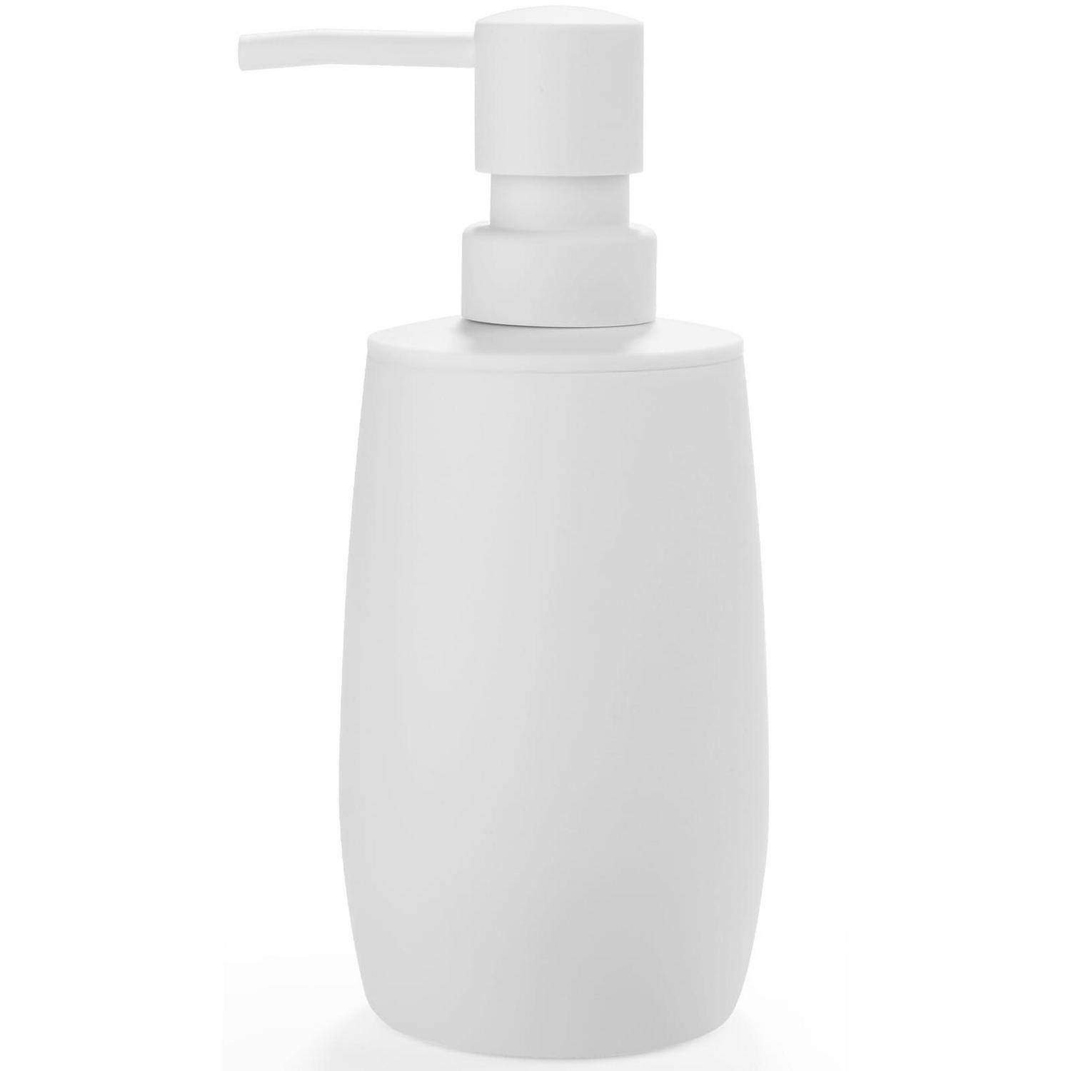 Weiße Dosierpumpenflasche mit einem Druckpumpenverschluss auf neutralem Hintergrund.