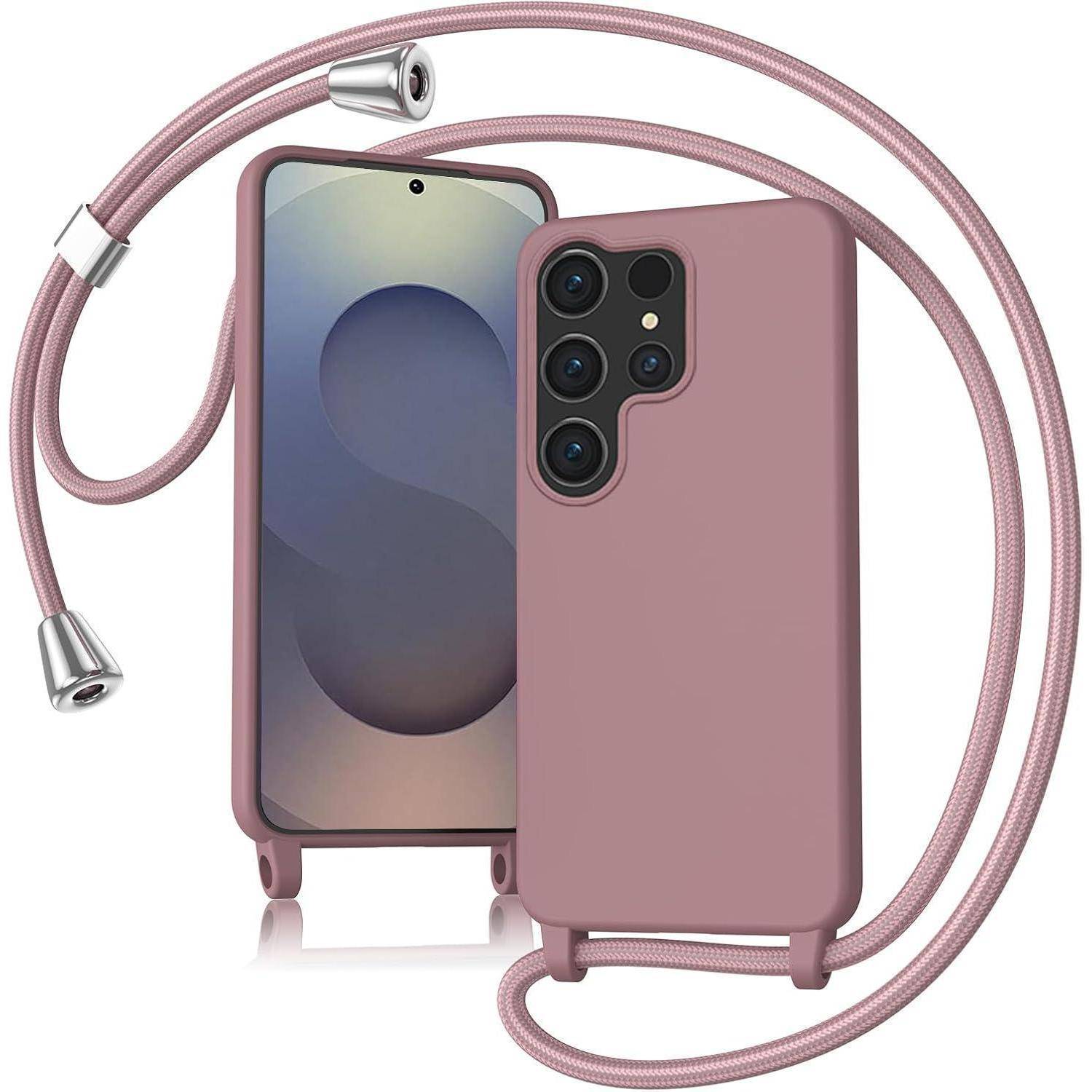 Rosa Smartphone-Hülle mit passendem Handgelenk-Trageband, gezeigt auf einem Telefon mit mehreren hinteren Kameraobjektiven.
