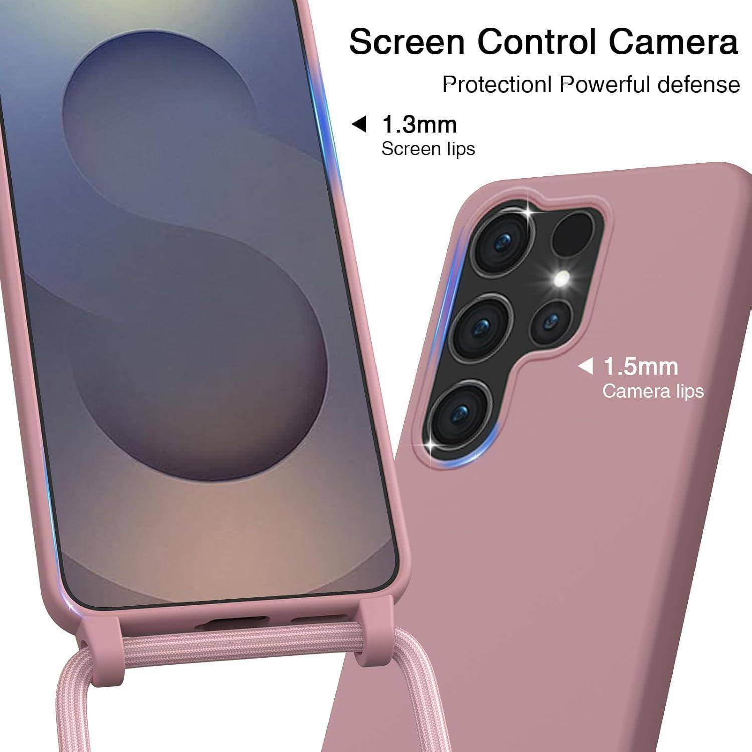 Werbebild eines rosa Handyschutzkoffers mit erhöhtem Bildschirm- und Kameralippenschutz, gekennzeichnet mit „Screen Control Camera