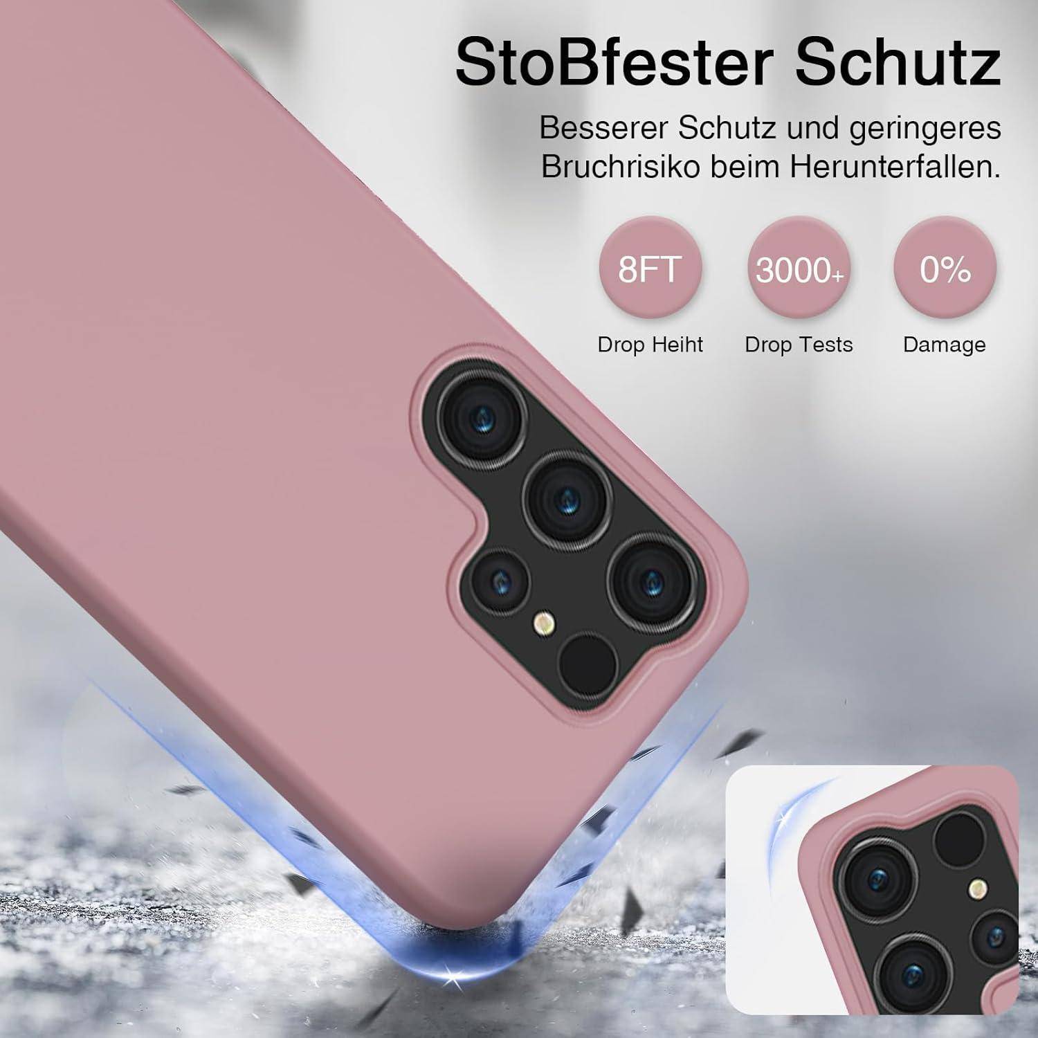 Rosa Smartphone-Schutzhülle mit Kameraausschnitt, die einen Sturz übersteht; deutscher Text bewirbt besseren Schutz, 8 Fuß Fallhöhe, 3000+ Falltests, 0% Beschädigungen.