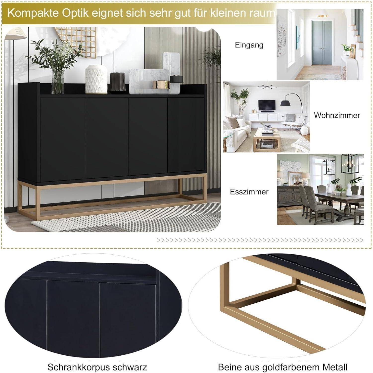 Sideboard, Aufbewahrungsschrank mit Metallbeinen, Küchenmöbel mit 4 Türen und verstellbaren Regalen, Küchenschrank 120 x 30 x 80 cm für Esszimmer
