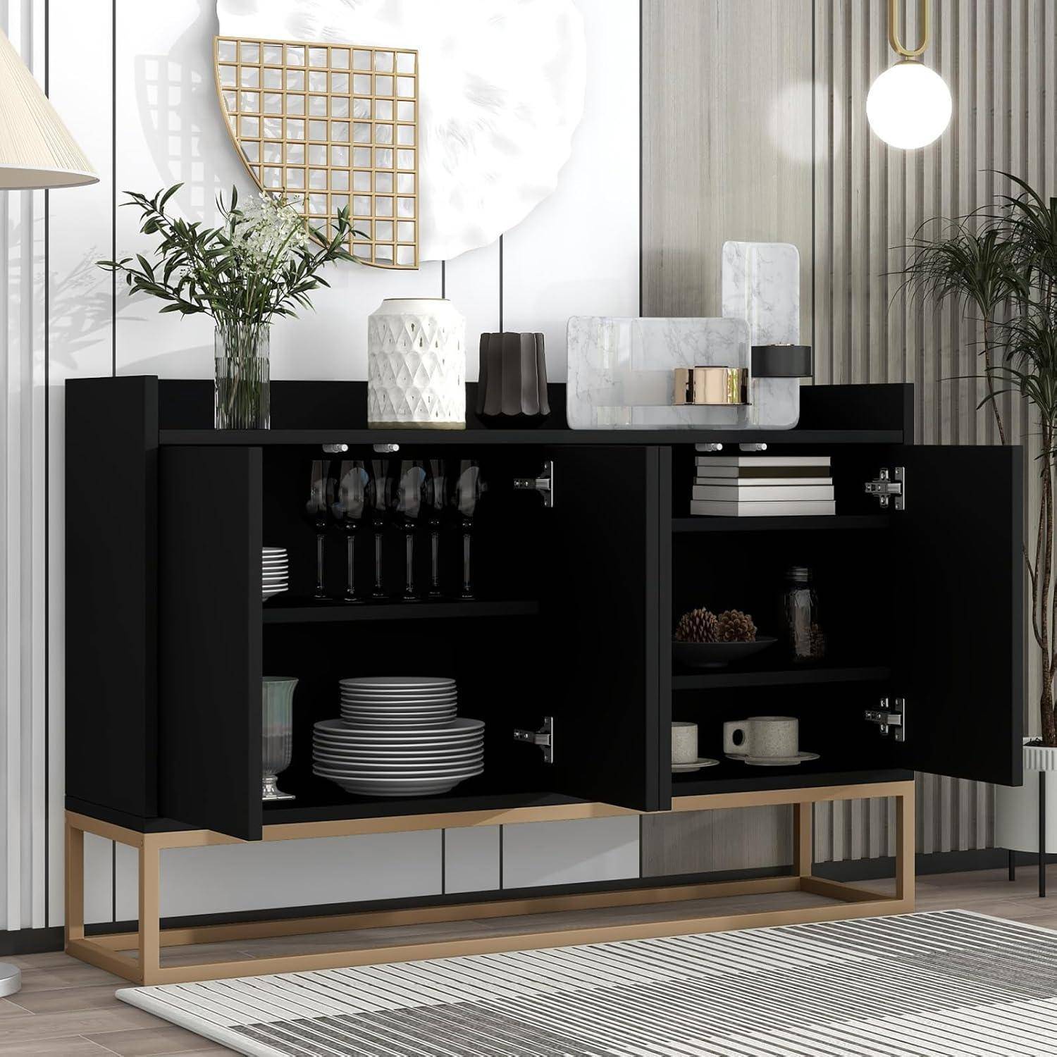 Sideboard, Aufbewahrungsschrank mit Metallbeinen, Küchenmöbel mit 4 Türen und verstellbaren Regalen, Küchenschrank 120 x 30 x 80 cm für Esszimmer