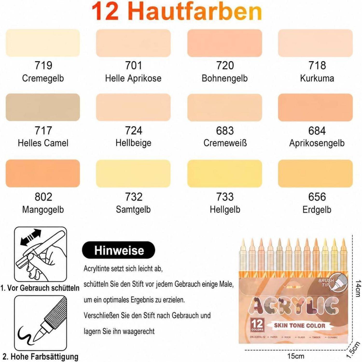 Laconile 12 Farben Acrylstifte für Hauttöne, Acrylstifte für steine wasserfest Mit flexibler Pinselspitze (1-5 mm) zum Bemalen von Steinen, Keramik