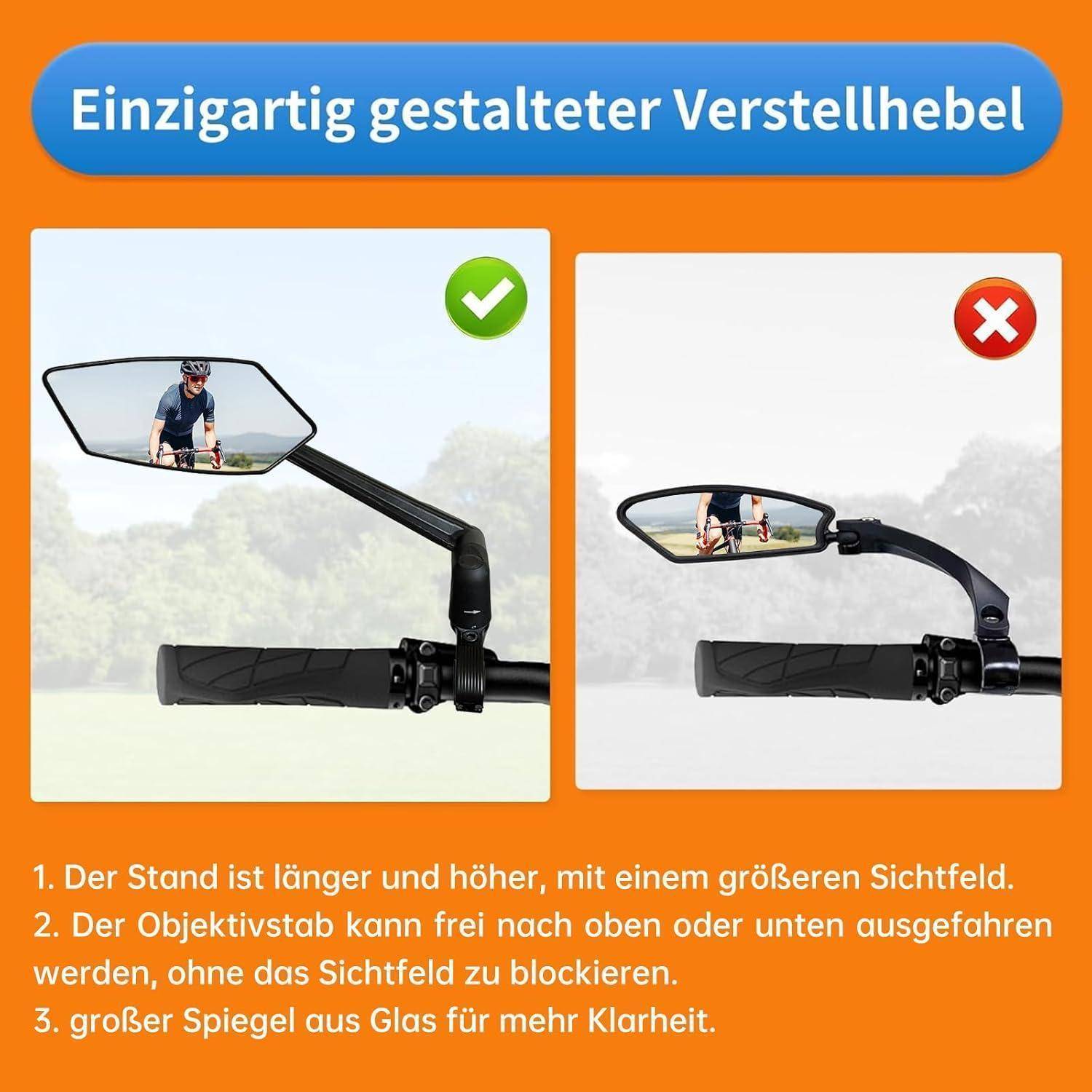 Grafik zum Vergleich zweier Fahrradspiegel: Links als "richtig"" gekennzeichnet zeigt einen größeren, breiteren Spiegel mit klarer Sicht; rechts als ""falsch"" gekennzeichnet zeigt einen kleineren Spiegel, der die Sicht blockiert. Der deutsche Text erklärt den verstellbaren Schaft und den Glasspiegel.