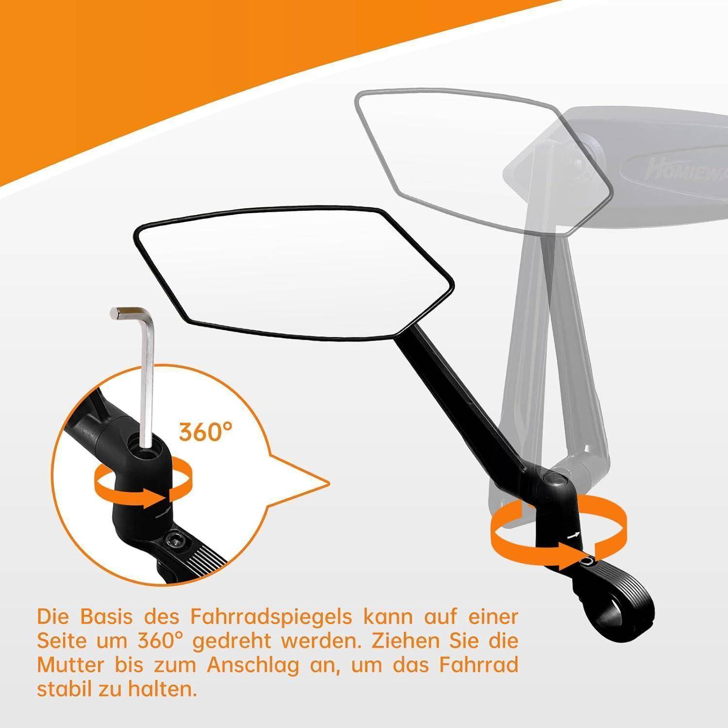 Fahrradspiegel mit verstellbarer Basis, die sich um 360 Grad dreht; Ausschnitt zeigt das Anziehen einer Mutter mit einem Innensechskantschlüssel.