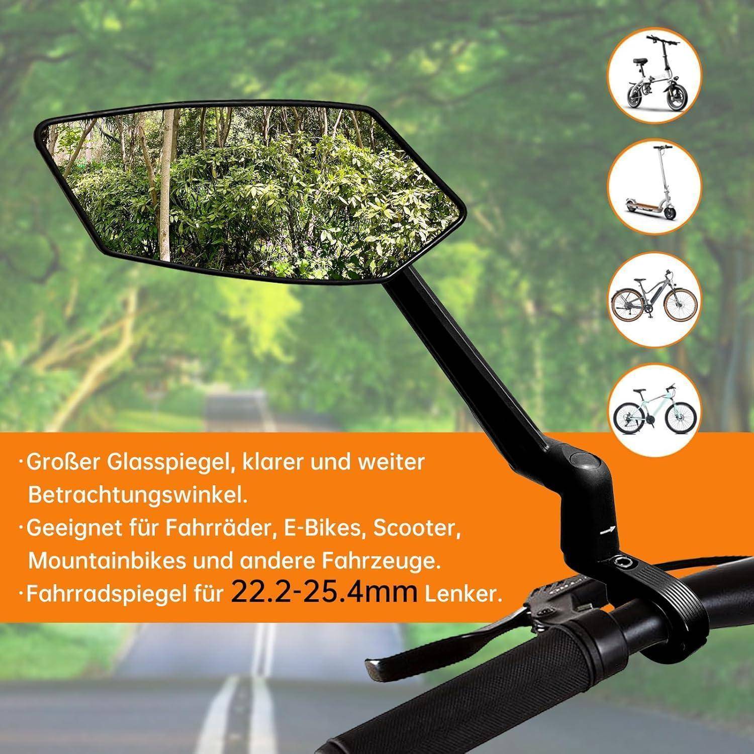 Produktbild eines am Lenker befestigten Fahrradspiegels mit einer breiten Rückansicht-Reflexion, mit Text, der die Verwendung für Fahrräder, E-Bikes, Roller und Lenker mit 22,2–25,4 mm Durchmesser bewirbt.