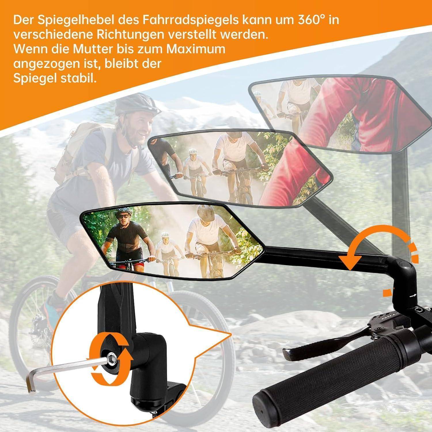 Abbildung eines verstellbaren Fahrradvorbaumspiegels, der sich um 360 Grad dreht und bei vollständiger Verschraubung stabil bleibt, mit eingefügter Darstellung des Drehgelenks.