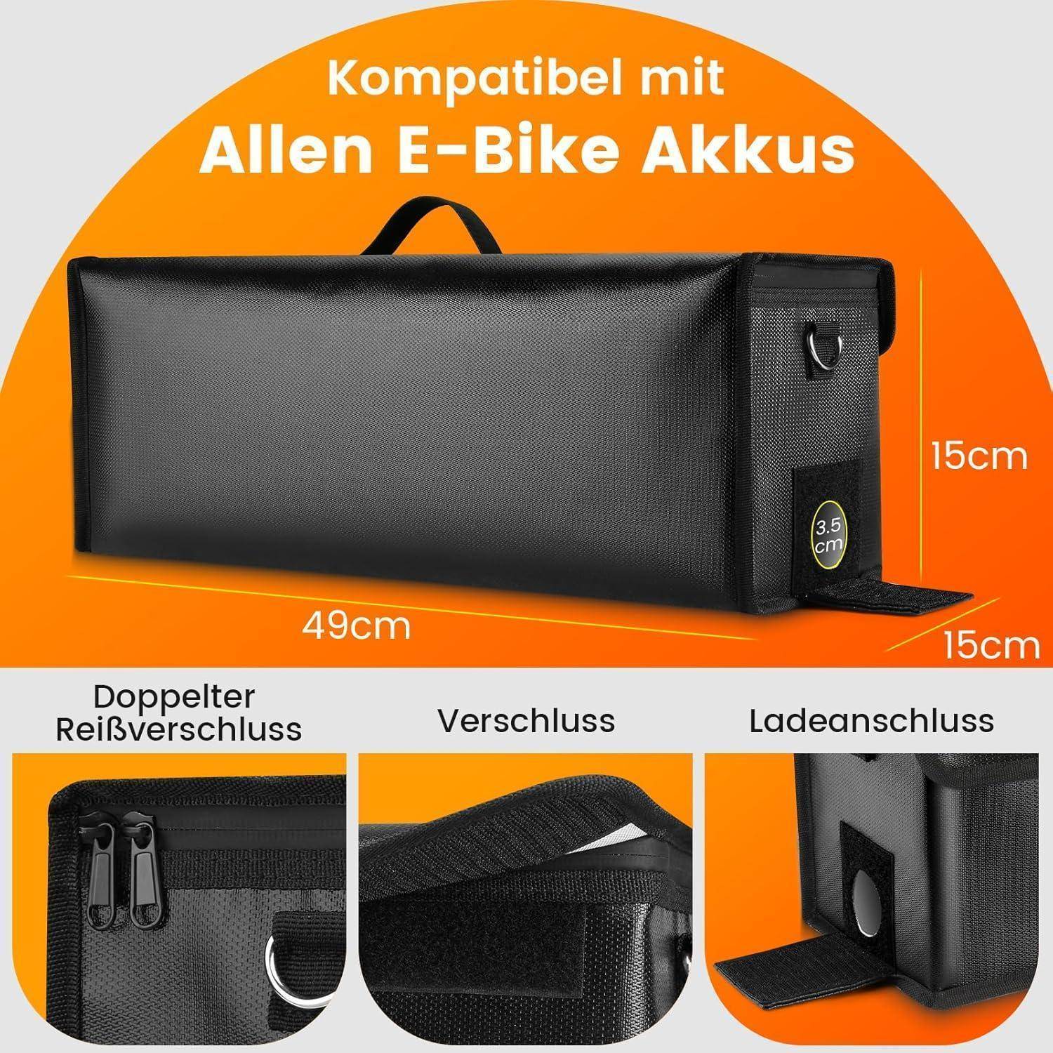 Schwarze rechteckige E-Bike-Batterietasche mit Beschriftung „Kompatibel mit allen E-Bike-Akkus", zeigt Abmessungen von 49 cm x 15 cm x 15 cm und Nahaufnahmen des Doppelreißverschlusses, des Verschlusses und des Ladeanschlusses.