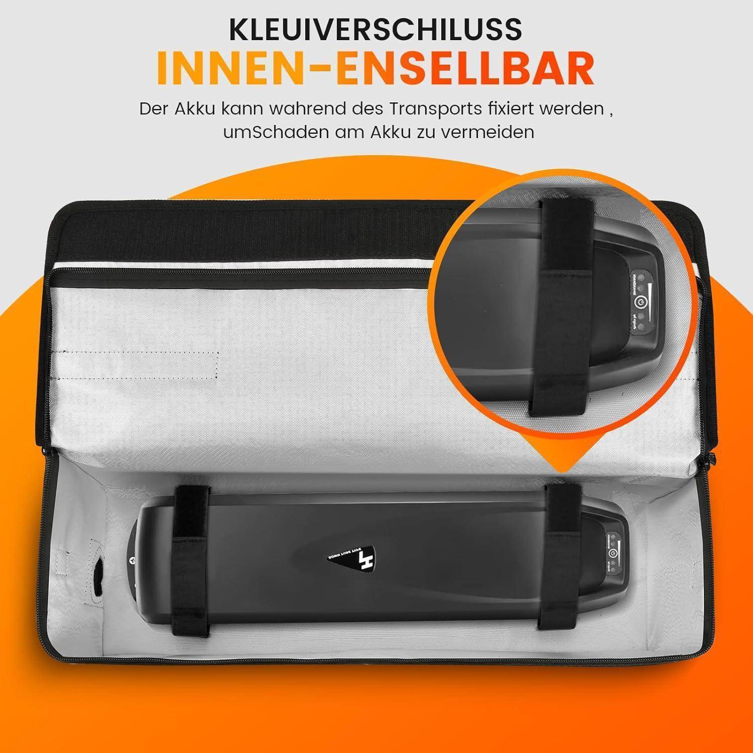 Offene Batteriegehäuse mit interner Klettverschlussschließung, die die Batterie für den Transport gesichert zeigt; die Einschubansicht hebt den Riemen und den Verriegelungsmechanismus hervor.