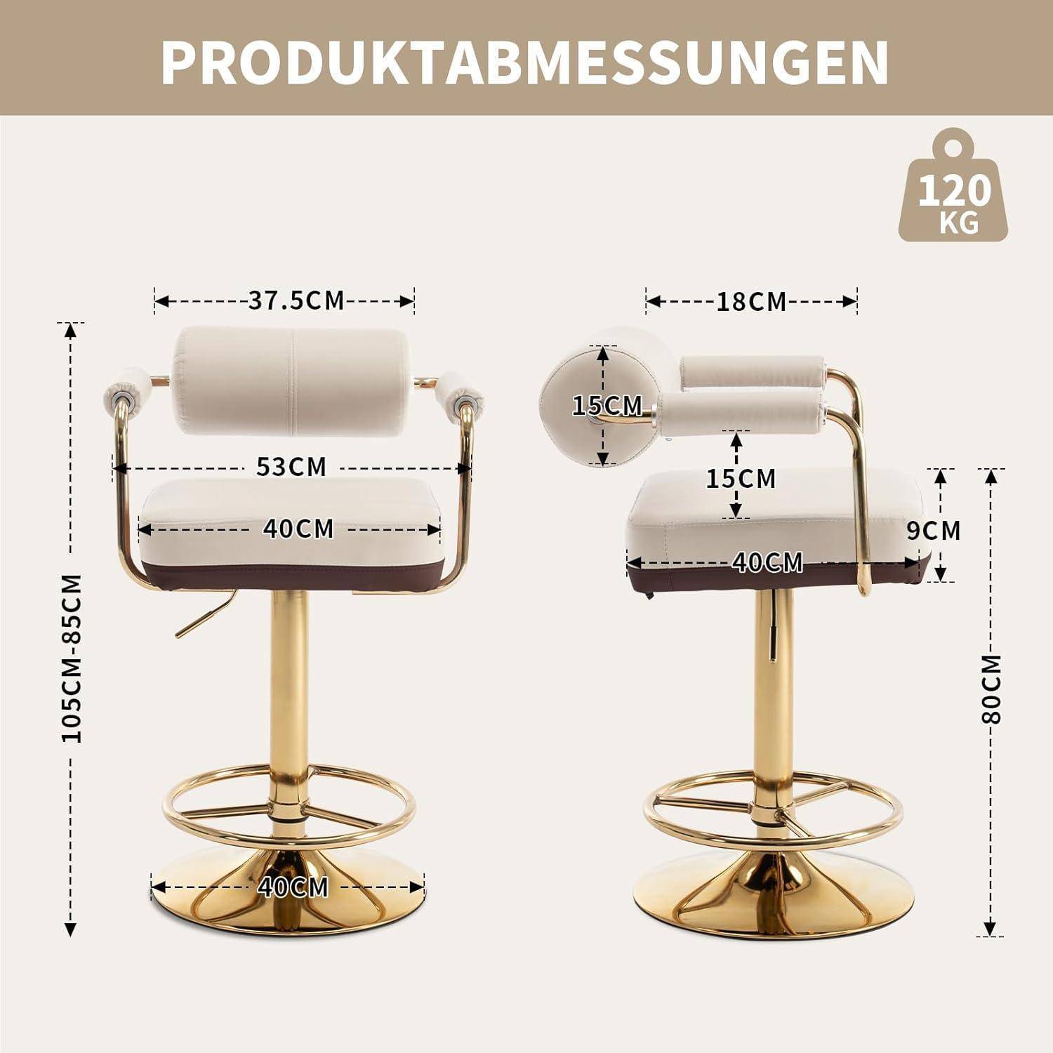 Produktabmessungstabelle für einen drehbaren Barhocker, mit Vorder- und Seitenansicht und Abmessungen in cm; Gesamthöhe 80–105 cm, Sitzbreite 40 cm und Tragfähigkeit 120 kg.
