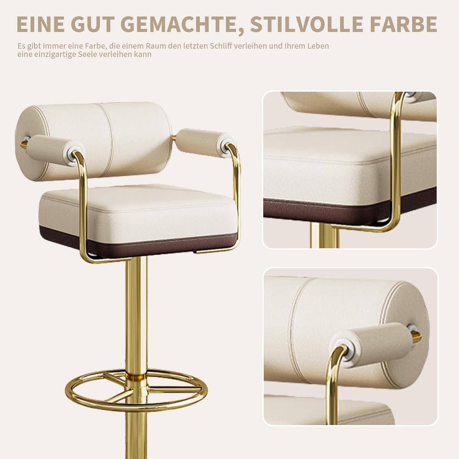 Produktanzeige für einen Creme- und Goldhocker mit gepolstertem Sitz, abgerundetem Rückenlehne und vergrößerten Detailausschnitten, die den Rahmen und die Polsterung hervorheben.