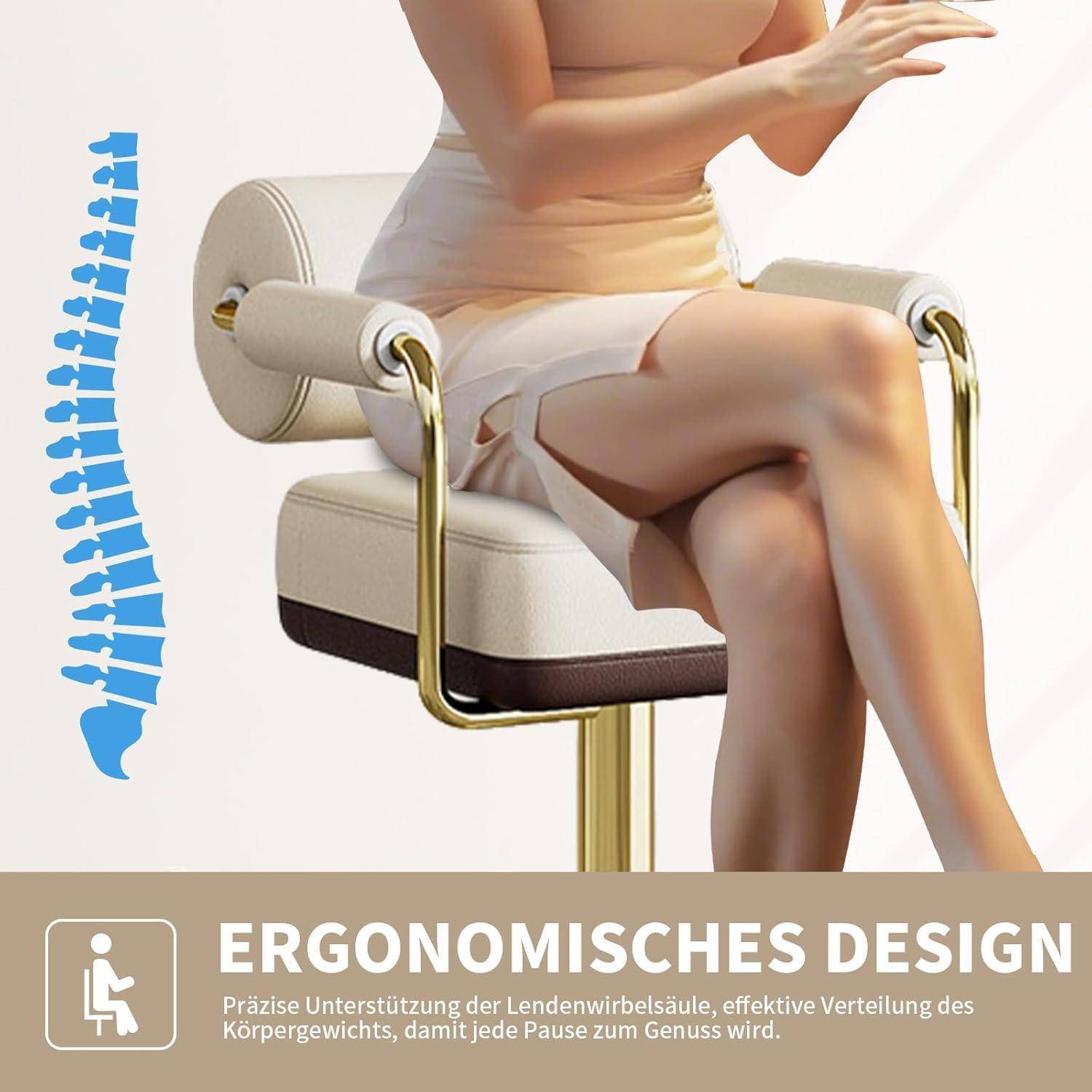 Promotionsbild einer sitzenden Frau in einem gepolsterten ergonomischen Stuhl, mit einer Grafik der Wirbelsäule und deutschem Text „ERGONOMISCHES DESIGN