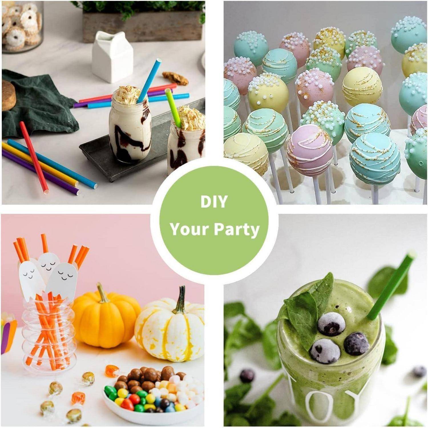 Collage aus DIY-Partyleckereien: bunte Cake Pops, Milkshake-Gläser mit Süßigkeiten, kürbisthematische Snacks und ein grüner Smoothie-Drink.