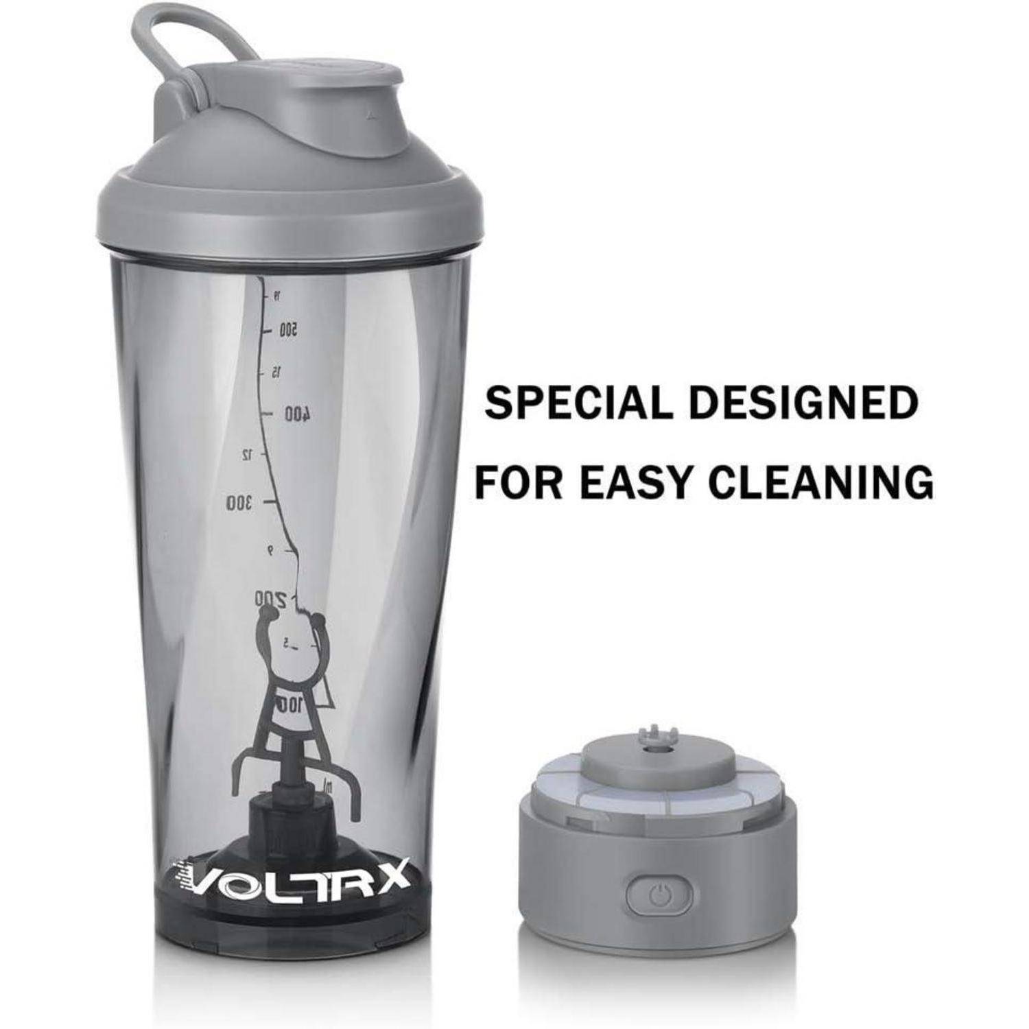 Graue VOLTRX Shaker Flasche mit abnehmbarem Sockel und Text „SPEZIELL FÜR EINFACHE REINIGUNG ENTWICKELT