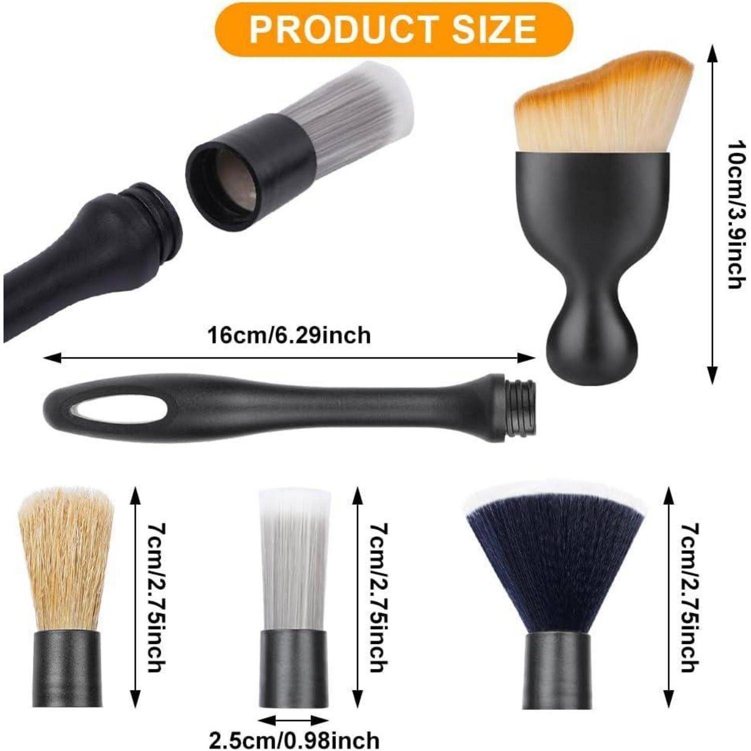 Größendiagramm für eine abnehmbare Bürste: Griff 16 cm lang, Bürstenkopf 7 cm hoch und eine zusammengesetzte Bürste 10 cm hoch; enthält mehrere Borstentypen.