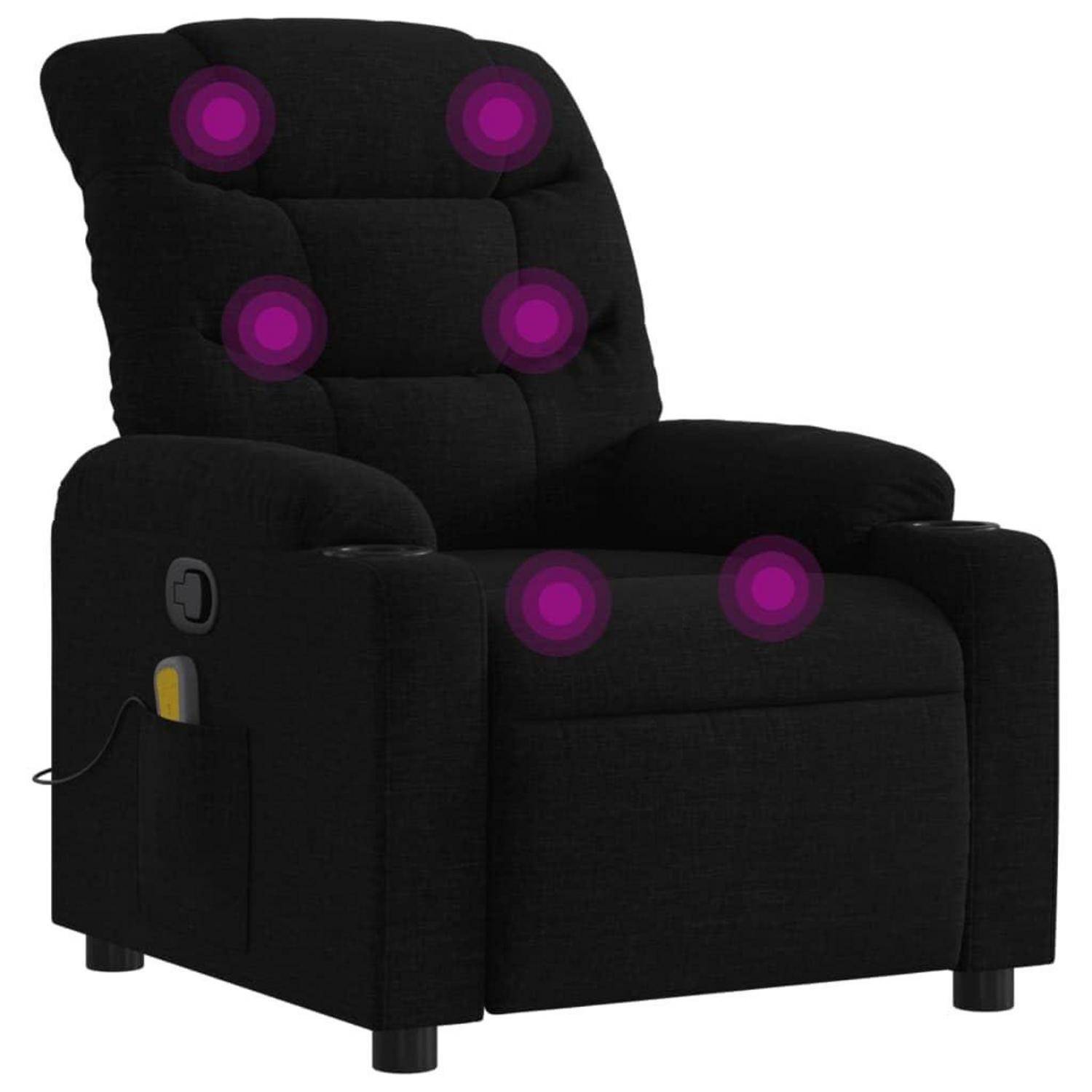 Schwarzer Polstersessel mit Massagefunktion und violett hervorgehobenen Massagepunkten an der Kopfstütze, Rückenlehne und Sitzfläche.