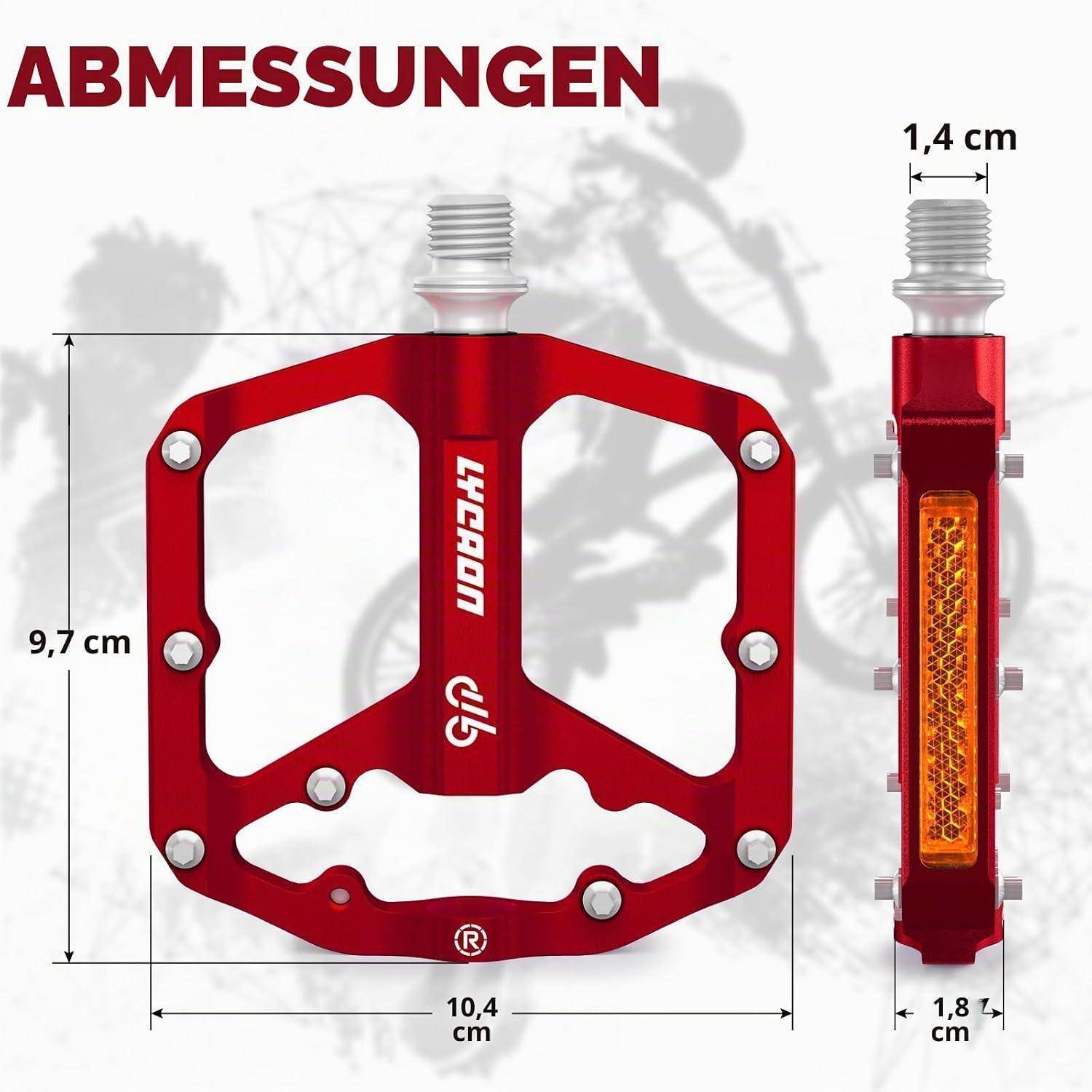 Abmessungsdiagramm eines roten Fahrradpedals mit Messungen: 10,4 cm breit, 9,7 cm hoch, 1,8 cm dick und 1,4 cm Gewindegröße.
