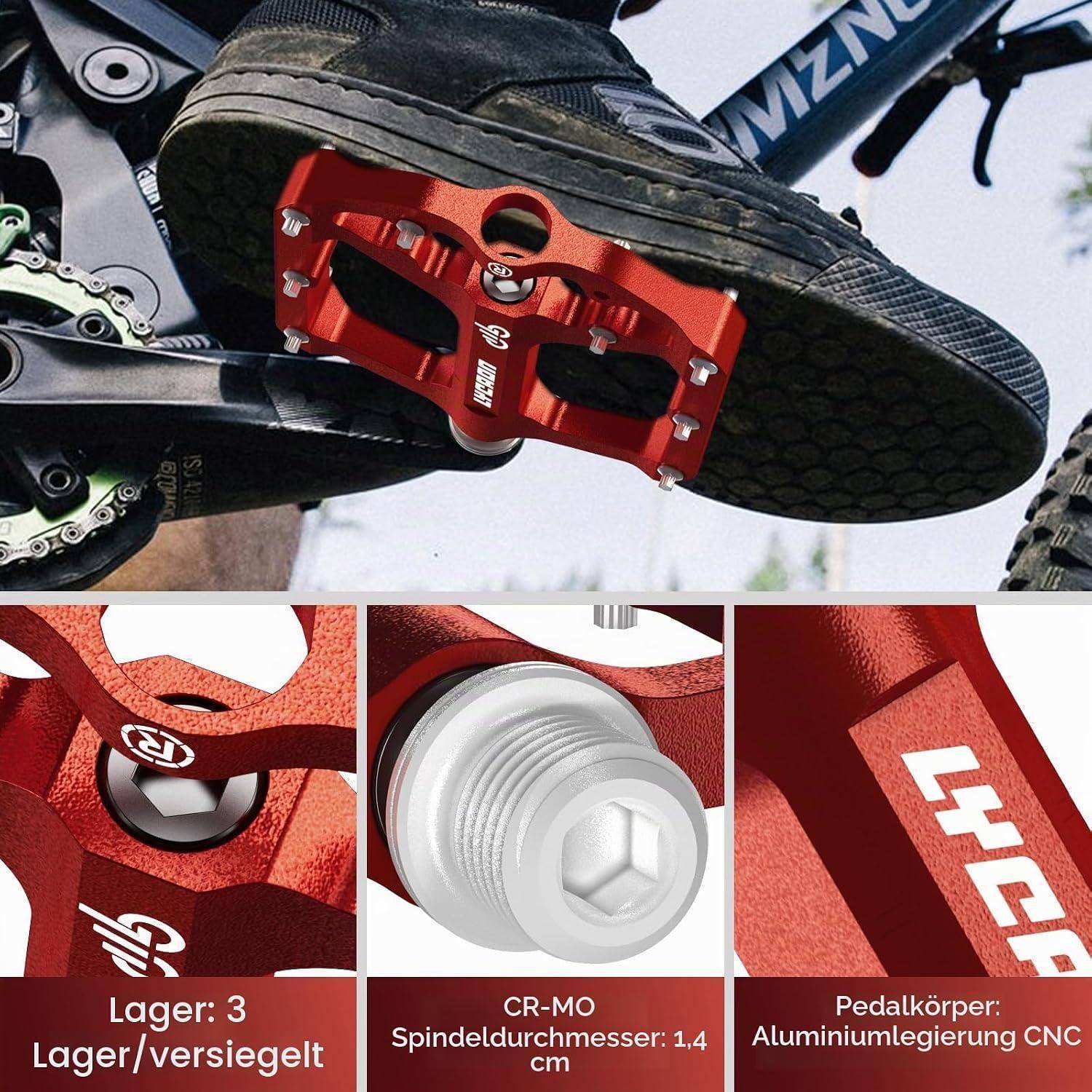 Rotes Fahrradpedal auf einem Mountainbike-Schuh mit detaillierten Callouts, die drei versiegelte Kugellager, eine CR-MO-Achse und einen CNC-Aluminiumpedalkörper zeigen.
