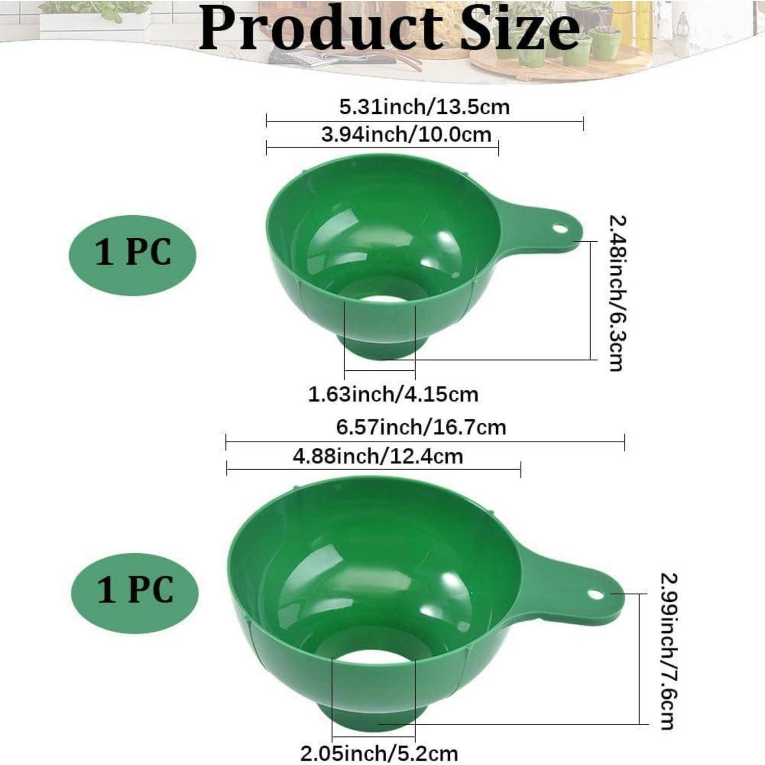 Größentabelle für Produkt mit einem grünen Kunststoff-Messebecher in zwei Größen, beide mit der Bezeichnung „1 PC" und Abmessungen in Zoll und Zentimetern.