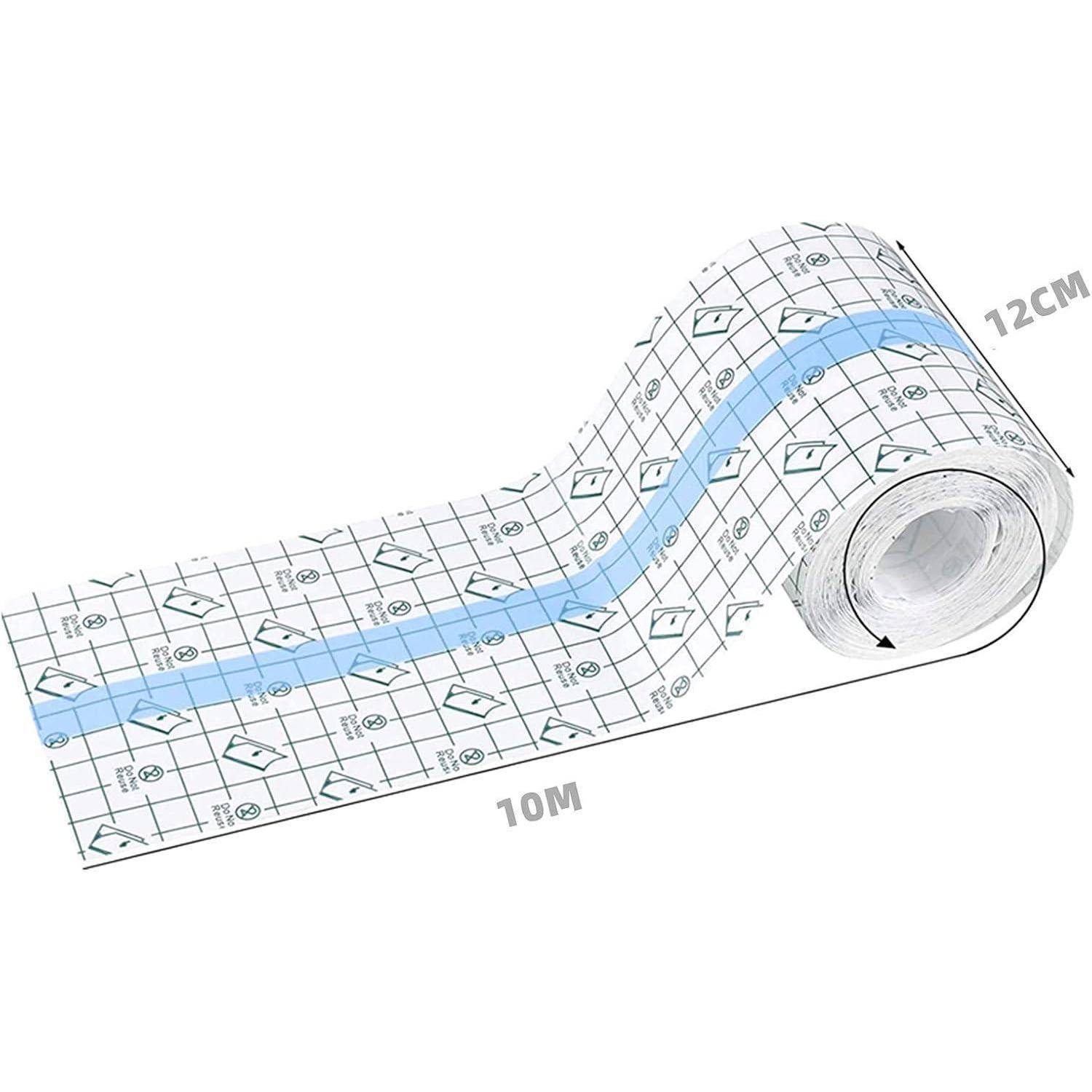 Rolle aus flexibler wasserdichter Membran oder Unterlagsmaterial mit einem blauen Mittelstreifen, beschriftet mit 10 m Länge und 12 cm Breite.
