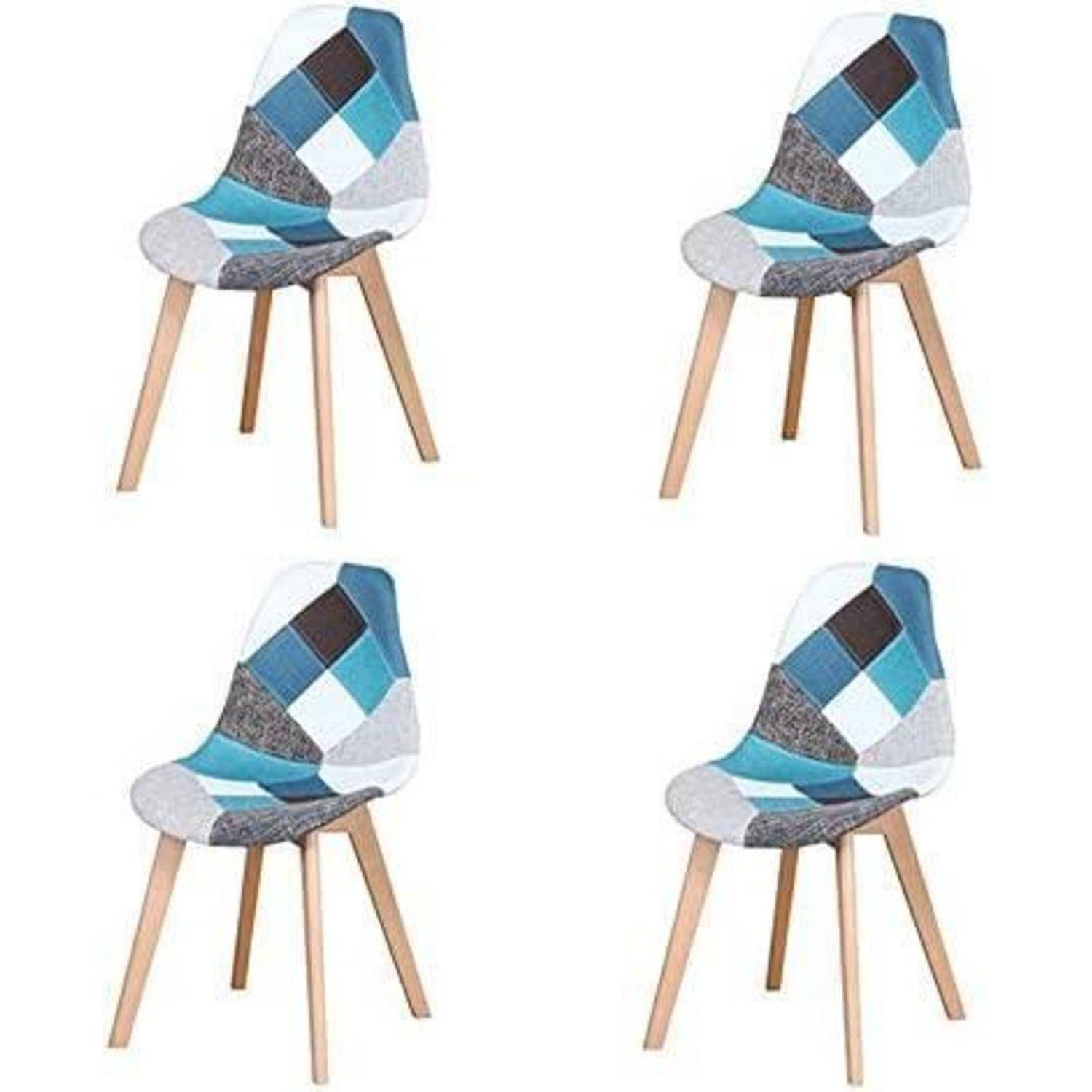 Set mit 4 Esszimmerstühlen, Mehrfarbiger Patchwork-Esszimmerstuhl, Stoffstuhl mit Massivholzbeinen für Esszimmer, Wohnzimmer (Blau) Blau 4 Stühle