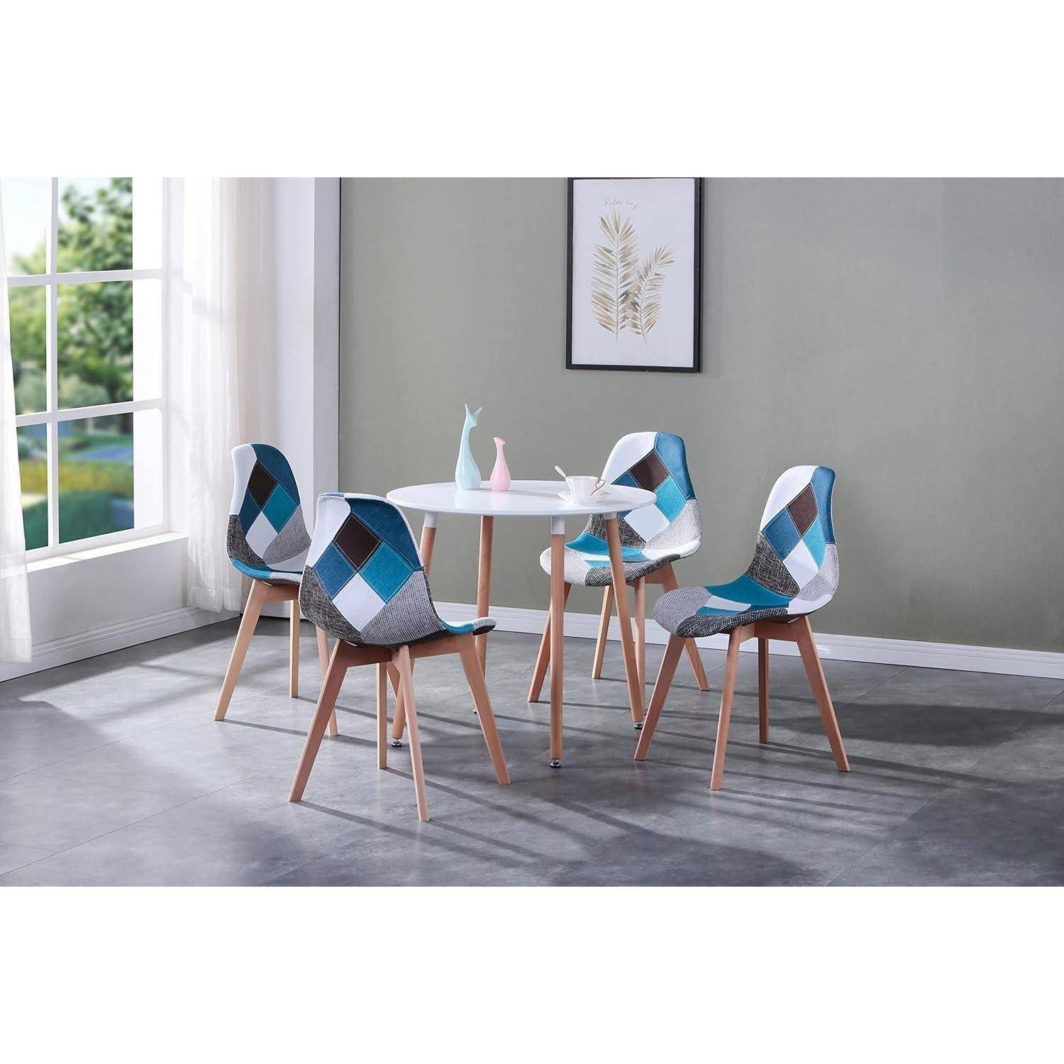 Set mit 4 Esszimmerstühlen, Mehrfarbiger Patchwork-Esszimmerstuhl, Stoffstuhl mit Massivholzbeinen für Esszimmer, Wohnzimmer (Blau) Blau 4 Stühle