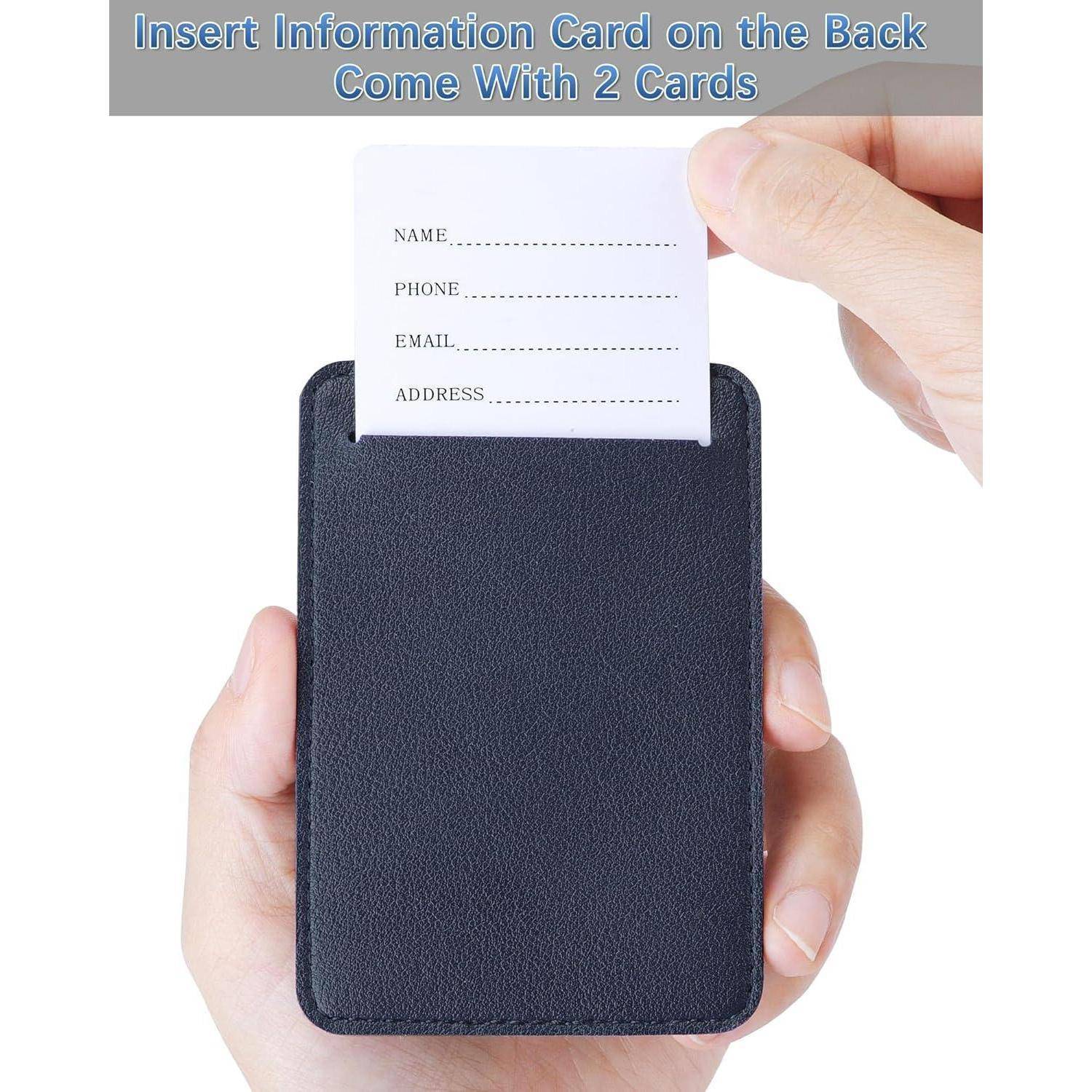 Hände führen eine Informationskarte mit den Beschriftungen Name, Telefon, E-Mail, Adresse in die Rückseite eines schwarzen Kartenhalters ein; Text sagt „Informationskarte auf der Rückseite einfügen Wird mit 2 Karten geliefert".