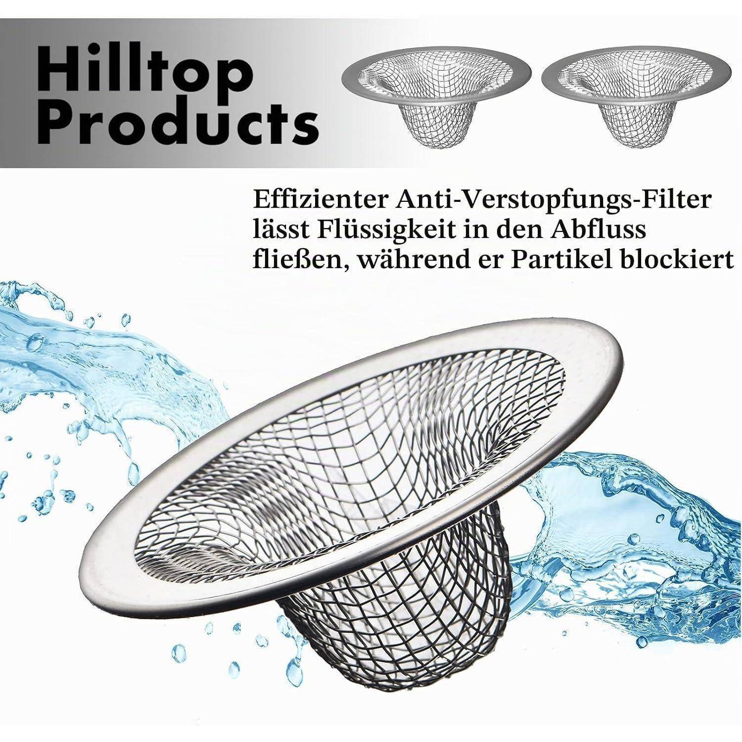 # Hilltop-Produkte Anti-Verstopfungs-Ablaufsieb mit Maschenkorb, gezeigt mit Wasser, das durchfließt; deutscher Text erklärt, dass es Partikel blockiert, während es Flüssigkeit ablaufen lässt.
