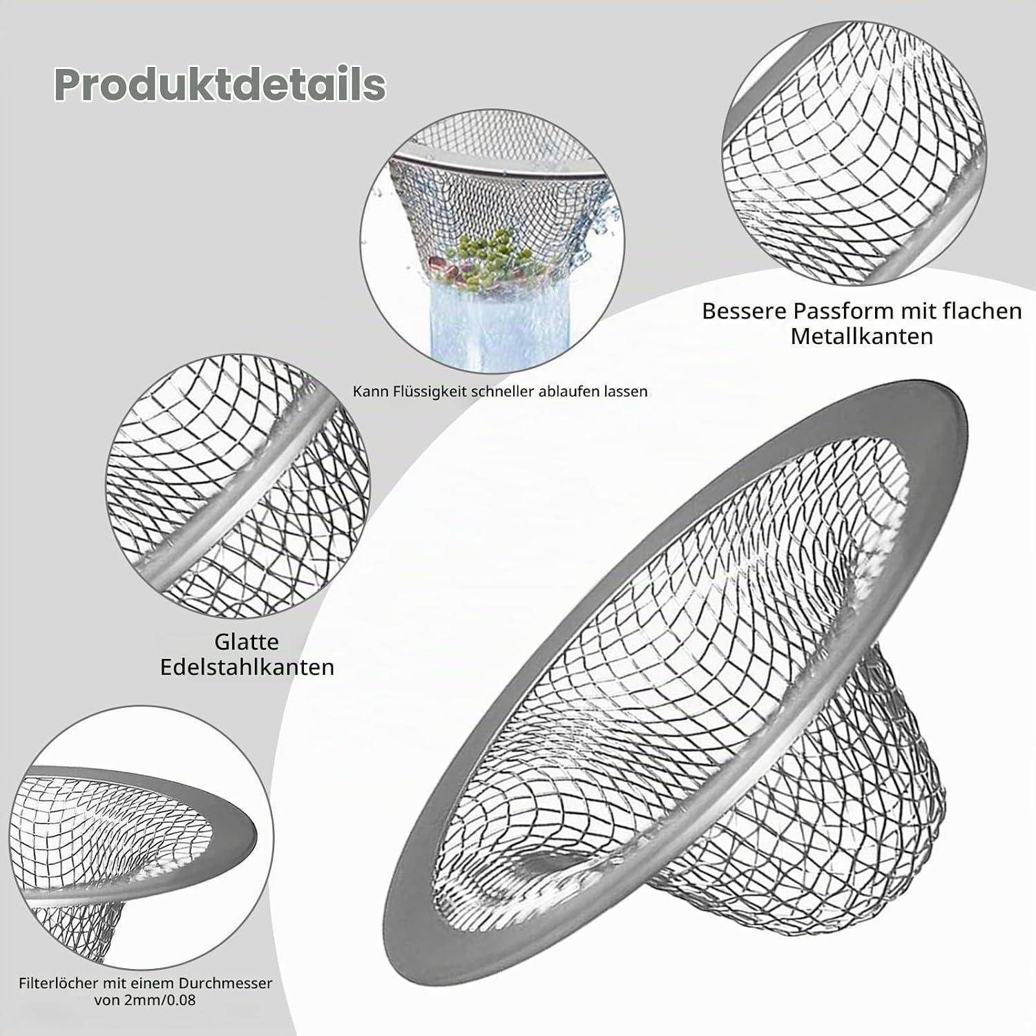 Produktdetails-Infografik eines Edelstahl-Siebs mit flachen Metallkanten für bessere Passung, glattem Rand und 2-mm-Filterlöchern für schnellere Entwässerung.
