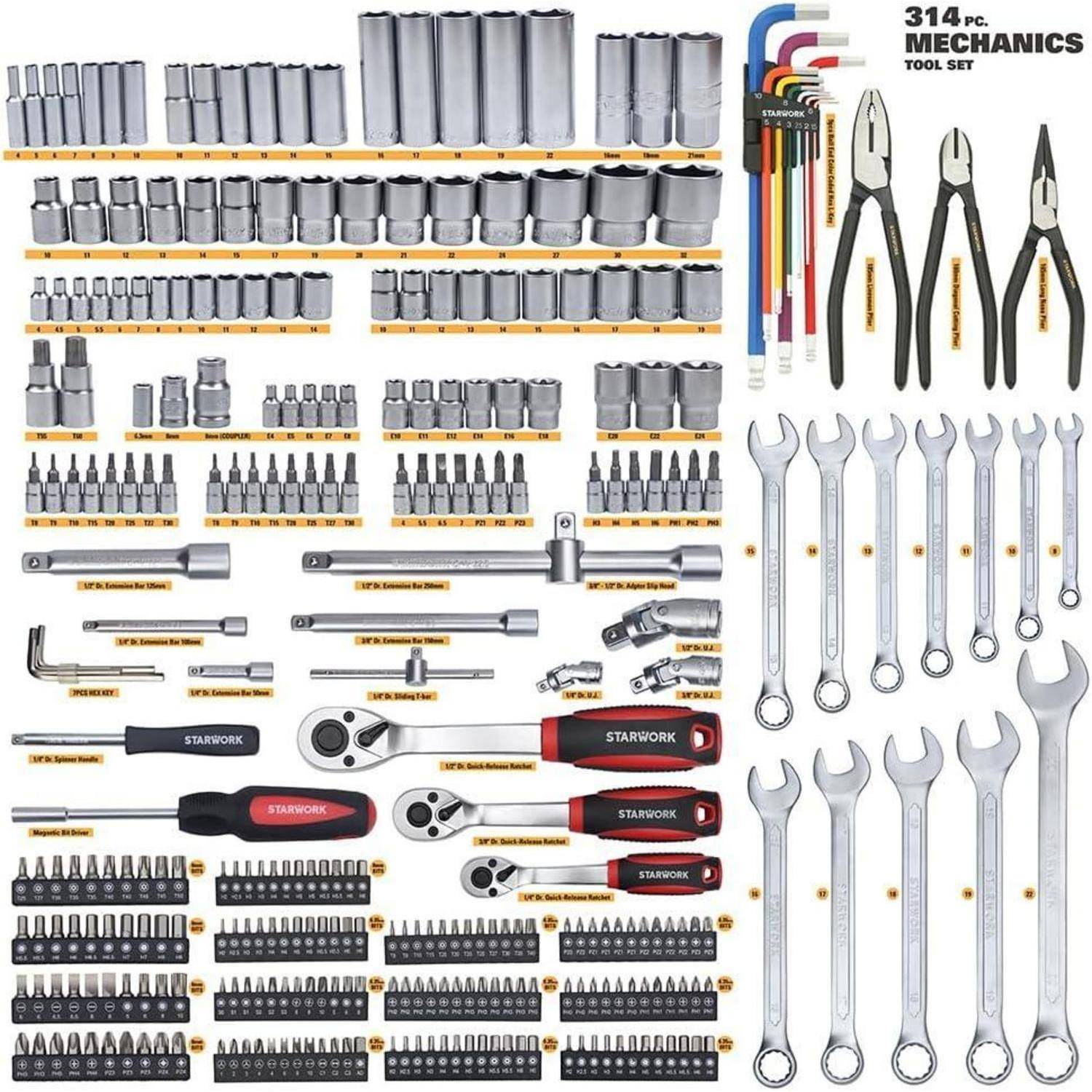Produktbild eines 314-teiligen Mechaniker-Werkzeugsatzes, der Steckschlüssel und Schraubenschlüsselgrößen, Knarre, Verlängerungsstangen, Schraubendreher, Innensechskantschlüssel, Zangen und Bitsätze in Reihen angeordnet zeigt.
