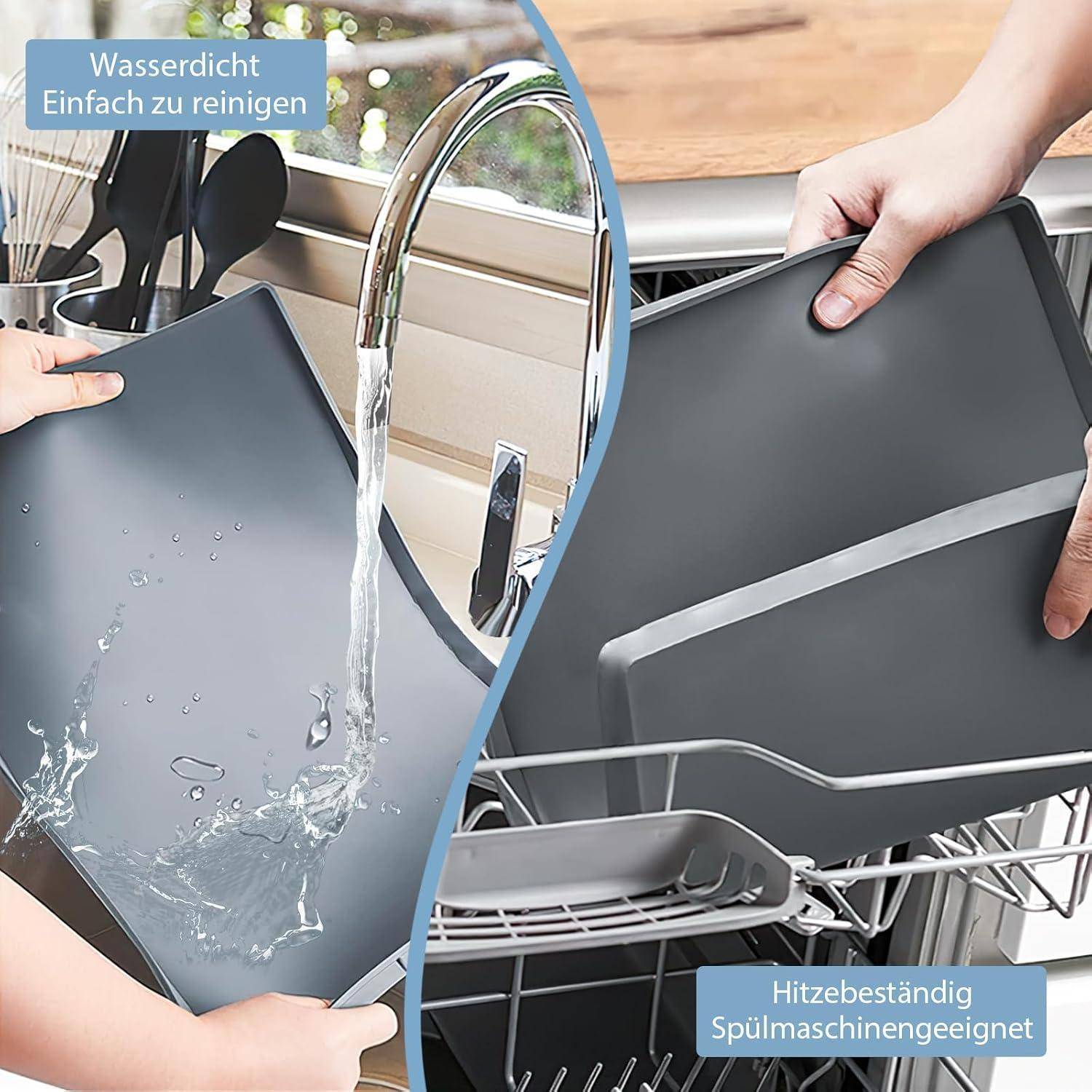 Hände halten eine graue Silikon-Küchenunterlage unter fließendem Wasser und in einer Spülmaschine, was zeigt, dass sie wasserdicht, hitzebeständig und spülmaschinenfest ist.