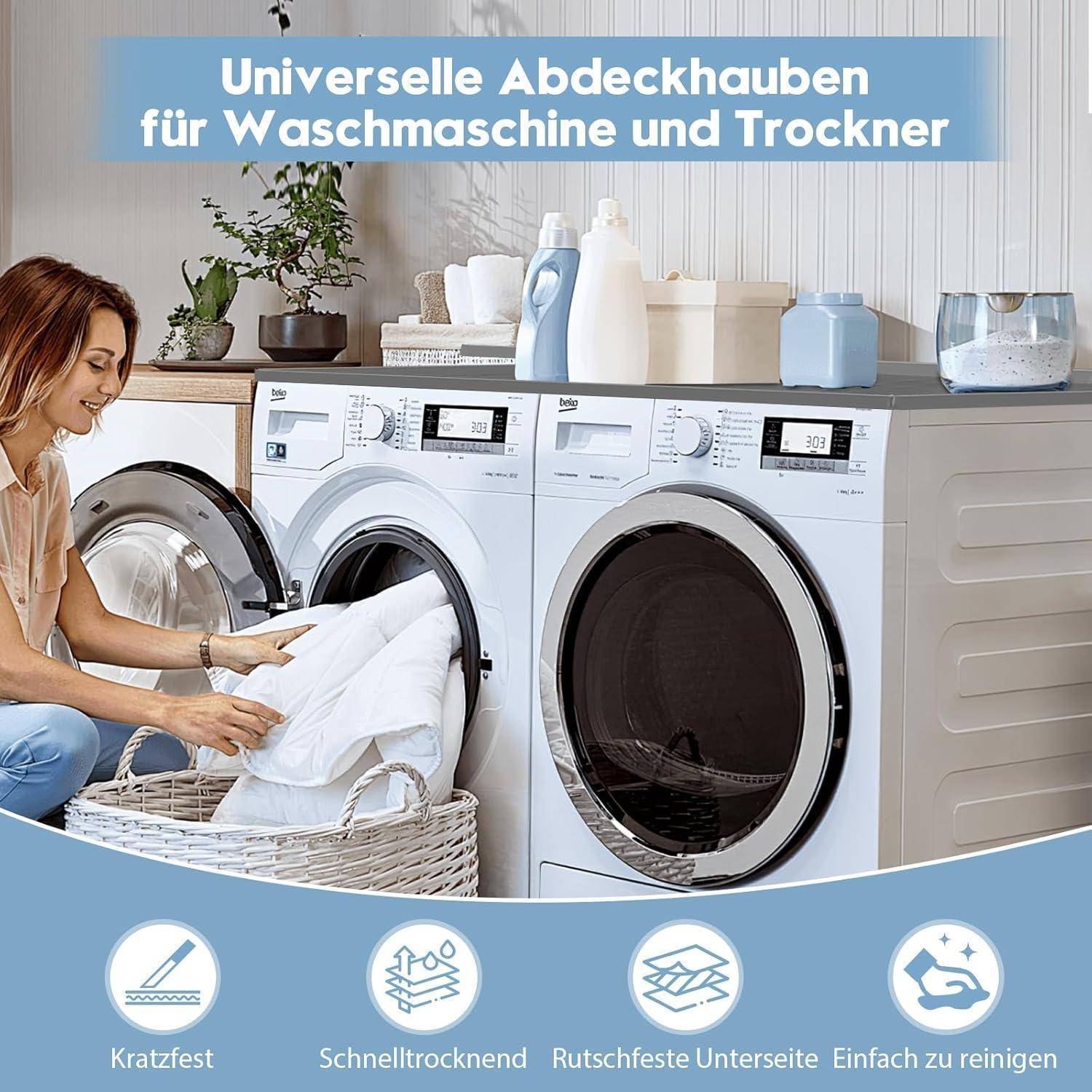 Werbebild einer Frau, die Wäsche neben einer Waschmaschine und einem Trockner auflädt, mit dem Text „Universelle Abdeckhauben für Waschmaschine und Trockner