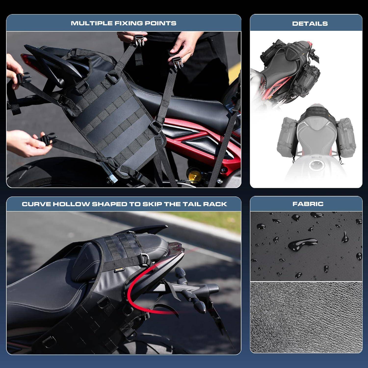 Infografik, die eine Motorrad-Hecktasche mit mehreren Befestigungspunkten, ausgeschnittener Kurve zur Freigabe des Heckgepäckträgers und wasserdichtem Stoffdetail zeigt.
