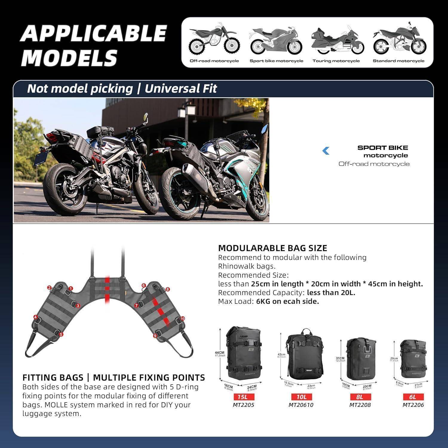 Motorrad-Gepäcktasche passt auf mehrere Motorradmodelle; zeigt universelle Passform, Befestigungspunkte und modulare Taschengröße mit 15L, 10L, 8L und 6L Optionen.
