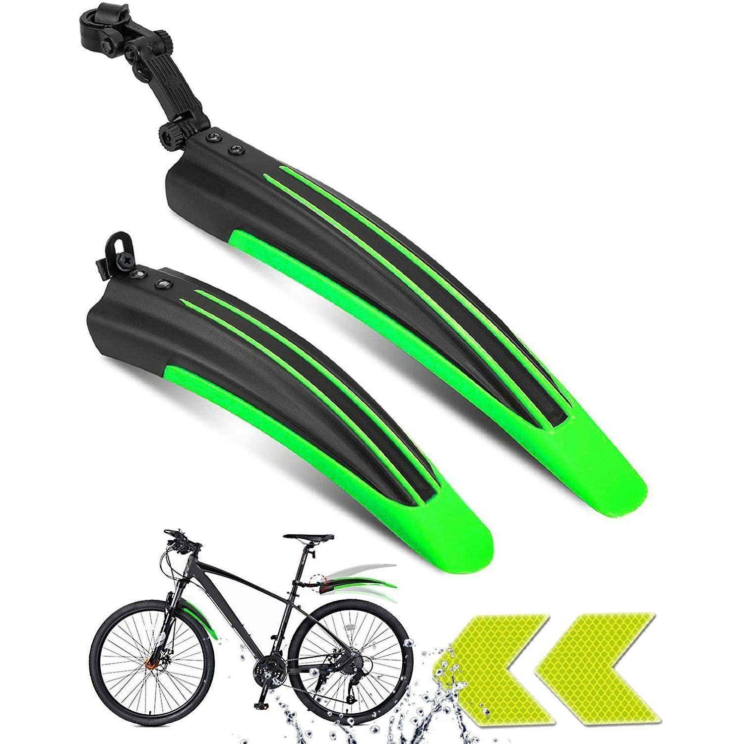 Schwarze und neongrüne Schutzbleche für Fahrräder, abgebildet mit einem Fahrrad, sowie reflektierende Pfeilaufkleber für zusätzliche Sichtbarkeit und Spritzschutz.