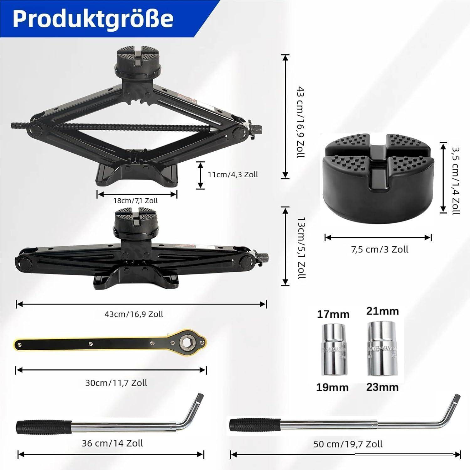 Produktgrößen-Diagramm mit Wagenheber, Gummiauflage und Drehstangen; zeigt Maße in cm und Zoll für die Hebebühnen-Zubehörteile.