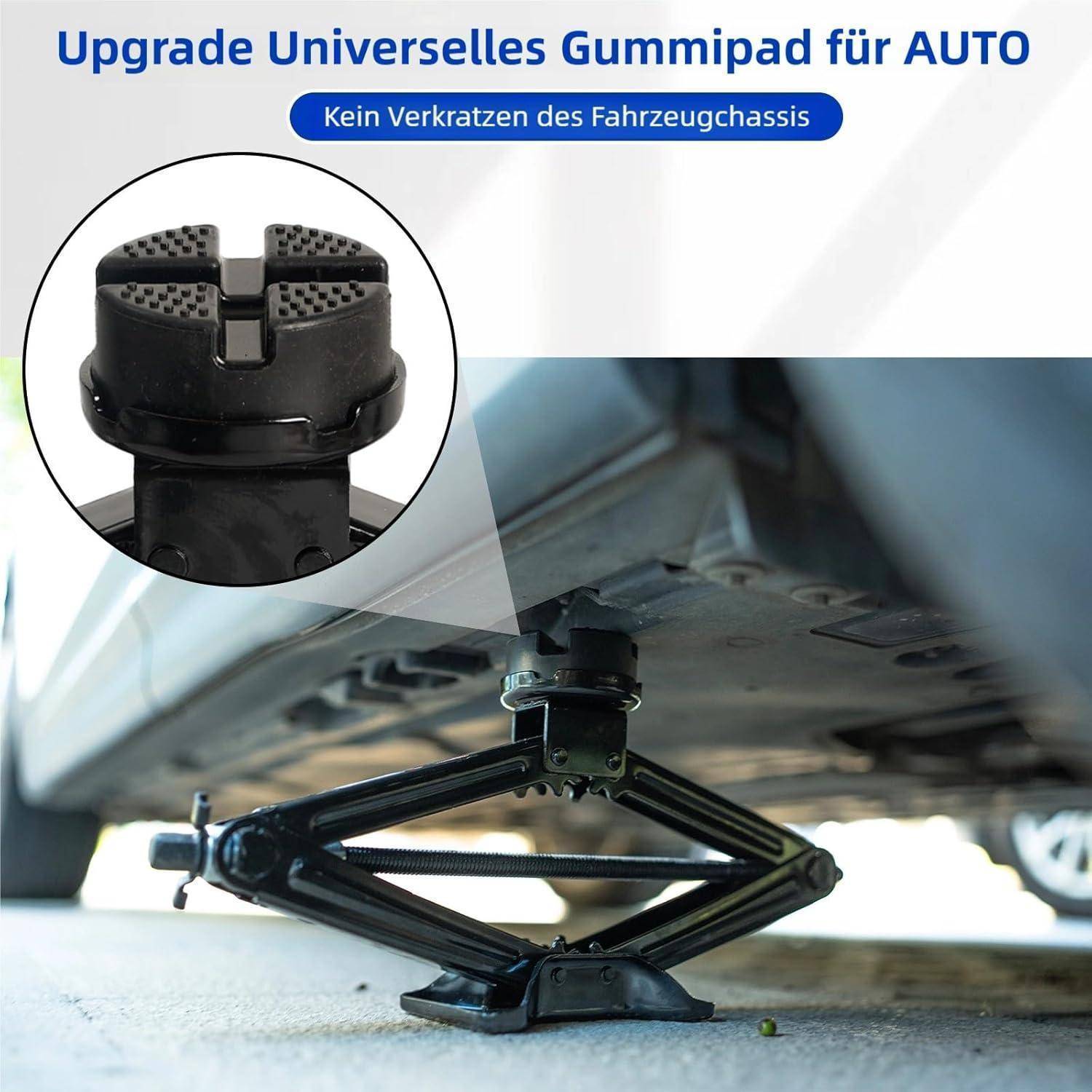 Wagenheber unter einem Autolift, mit eingefügter Nahaufnahme eines Gummi-Universalbelags; Text lautet „Upgrade Universelles Gummipad für AUTO