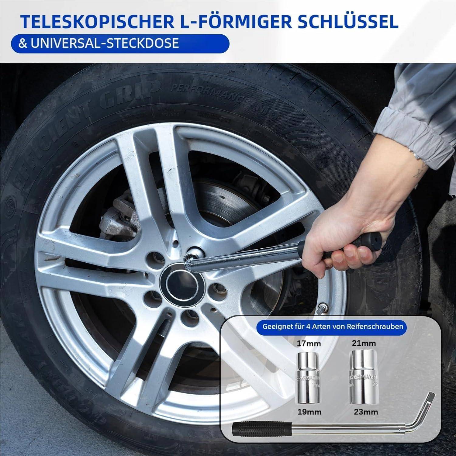 Person, der einen teleskopischen L-förmigen Schraubenschlüssel mit Universalsteckschlüssel verwendet, um eine Radmutter des Autos zu lockern; Die Einblendung zeigt die Größen 17, 19, 21 und 23 mm.
