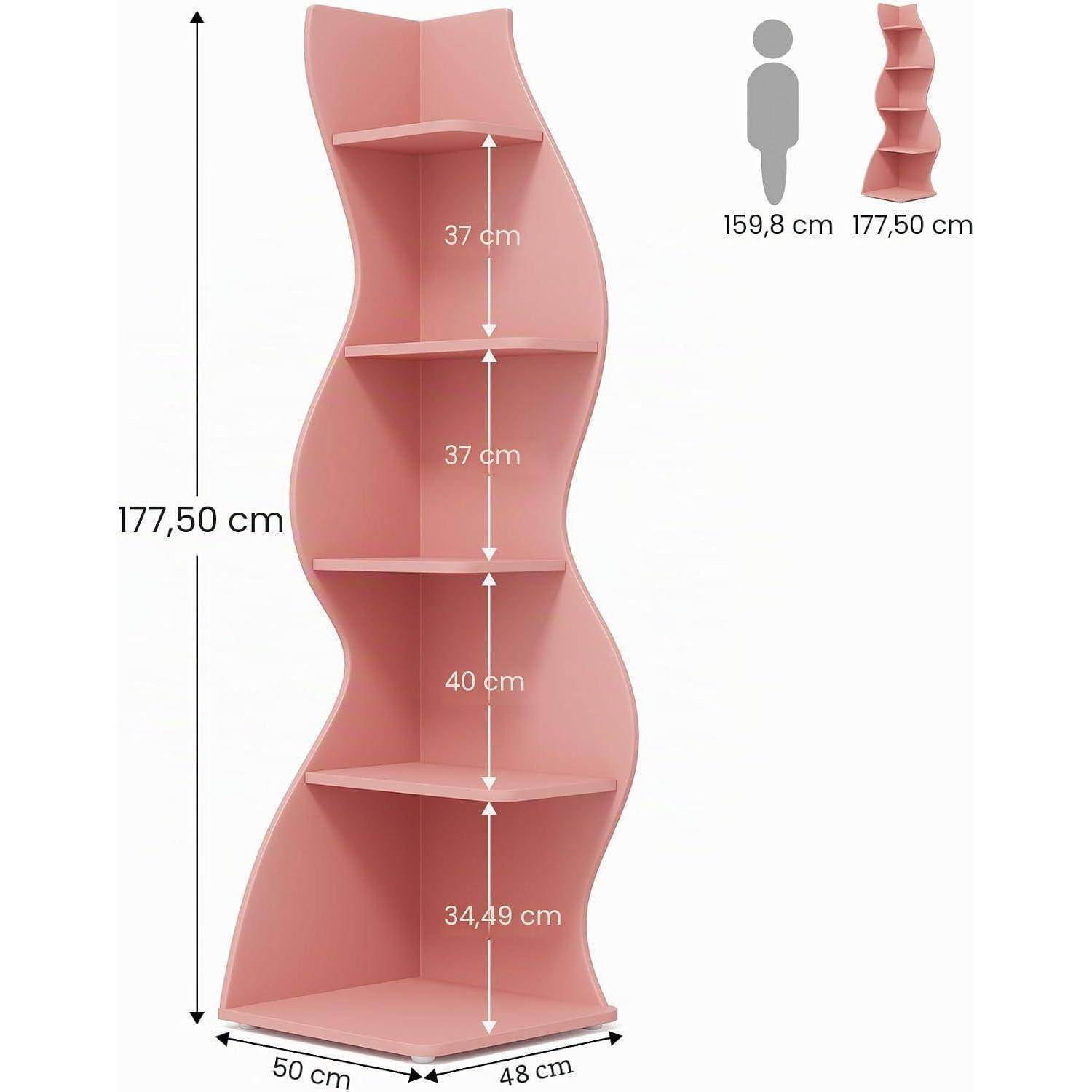 Rosa welliges Bücherregal mit vier Regalen; Abmessungen angegeben als 177,50 cm hoch, 50 cm breit, 48 cm tief, mit Regalabständen von 37 cm, 37 cm, 40 cm und 34,49 cm.
