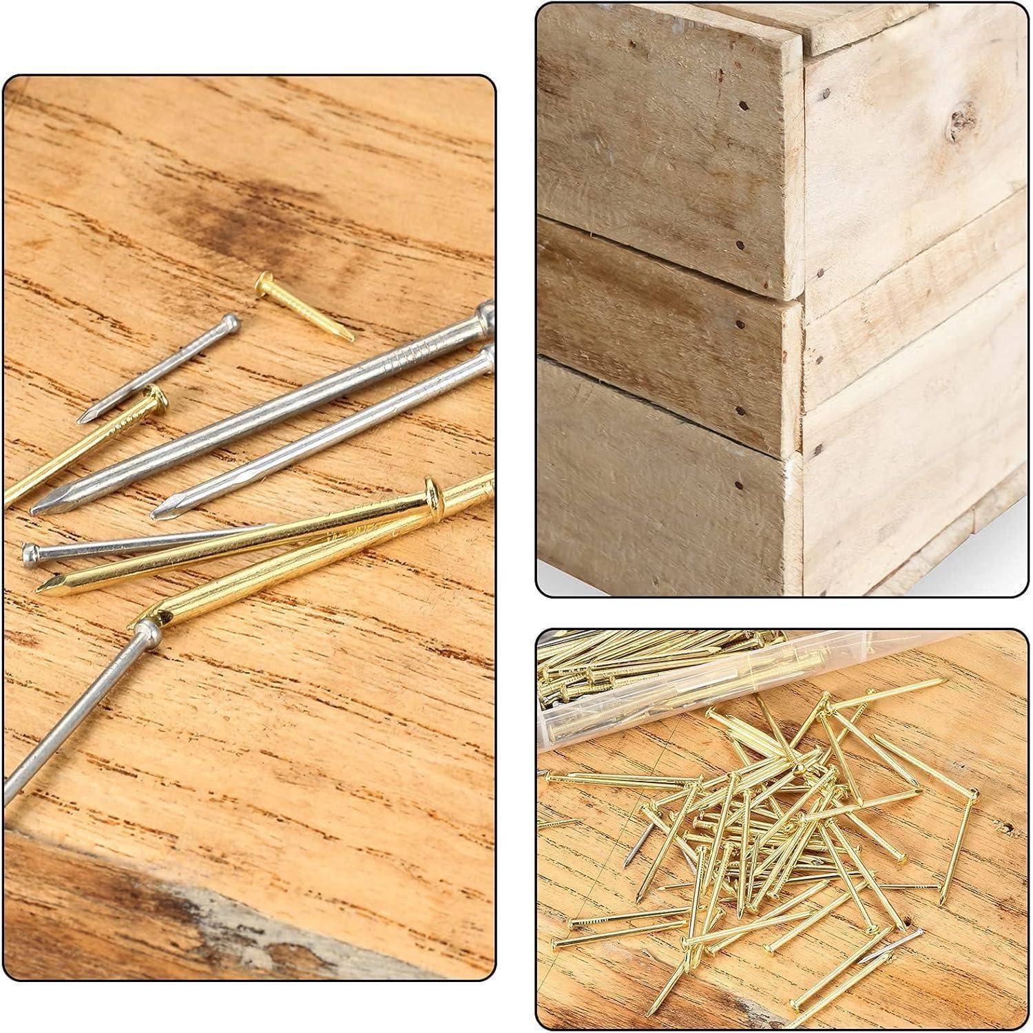 Collage mit messingfarbenen Nagelbefestigern und einer Holzkiste, die in den Ecken mit ähnlichen Nägeln zusammengefügt ist.