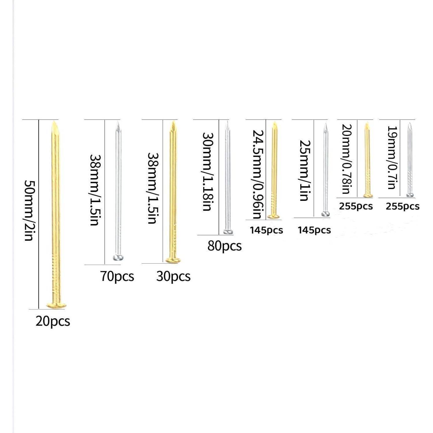 Vergleichstabelle der Größen und Mengen von Schmucknägeln, die 50 mm 20 Stück, 38 mm 70 Stück und 30 Stück, 30 mm 80 Stück, 24,5 mm 145 Stück, 25 mm 145 Stück, 20 mm 255 Stück und 19 mm 255 Stück zeigt.