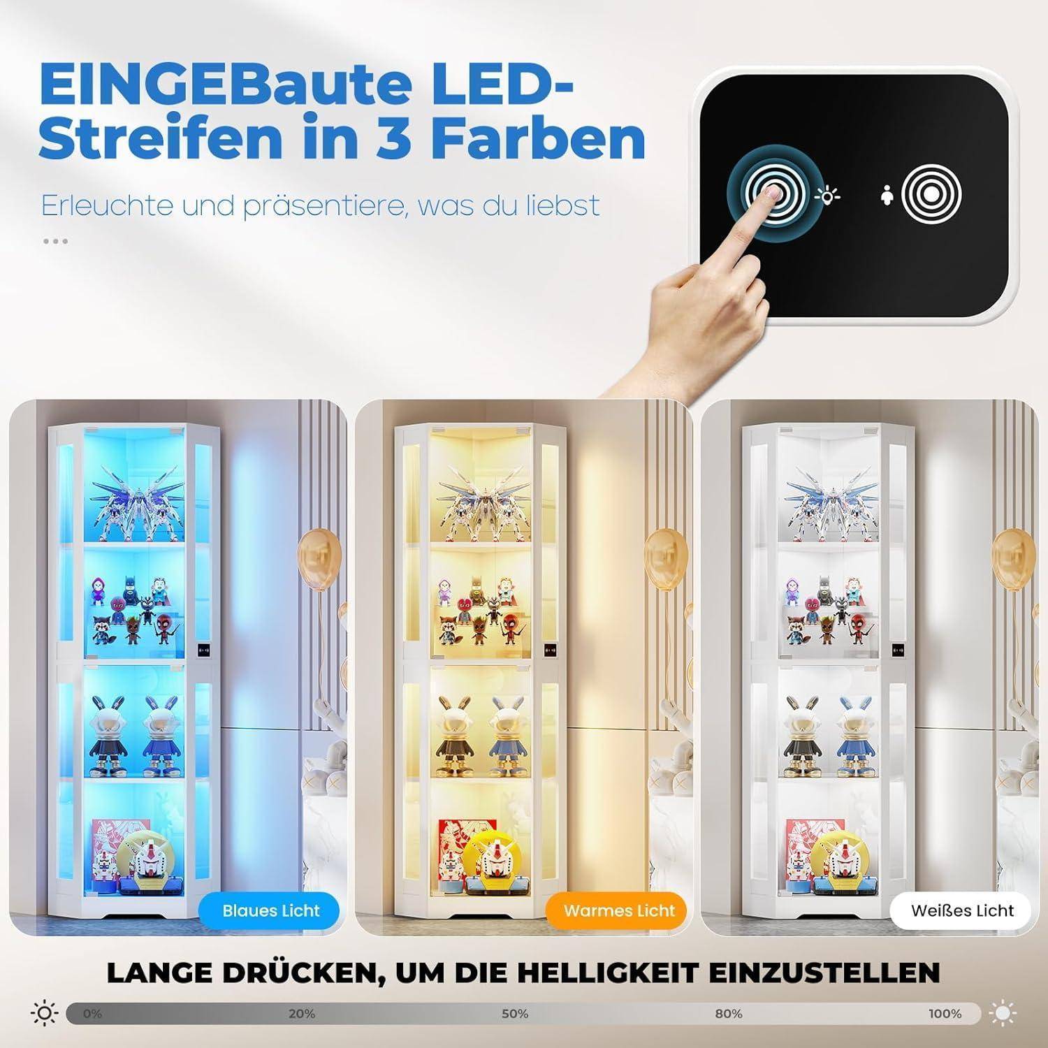 BROTTAR ROTTAR Glasvitrine Eckschrank mit 4 Ebenen | LED-Beleuchtung &amp; Menschensensor | Sammlervitrine Für Wein, Sammlungen als Aufbewahrung in