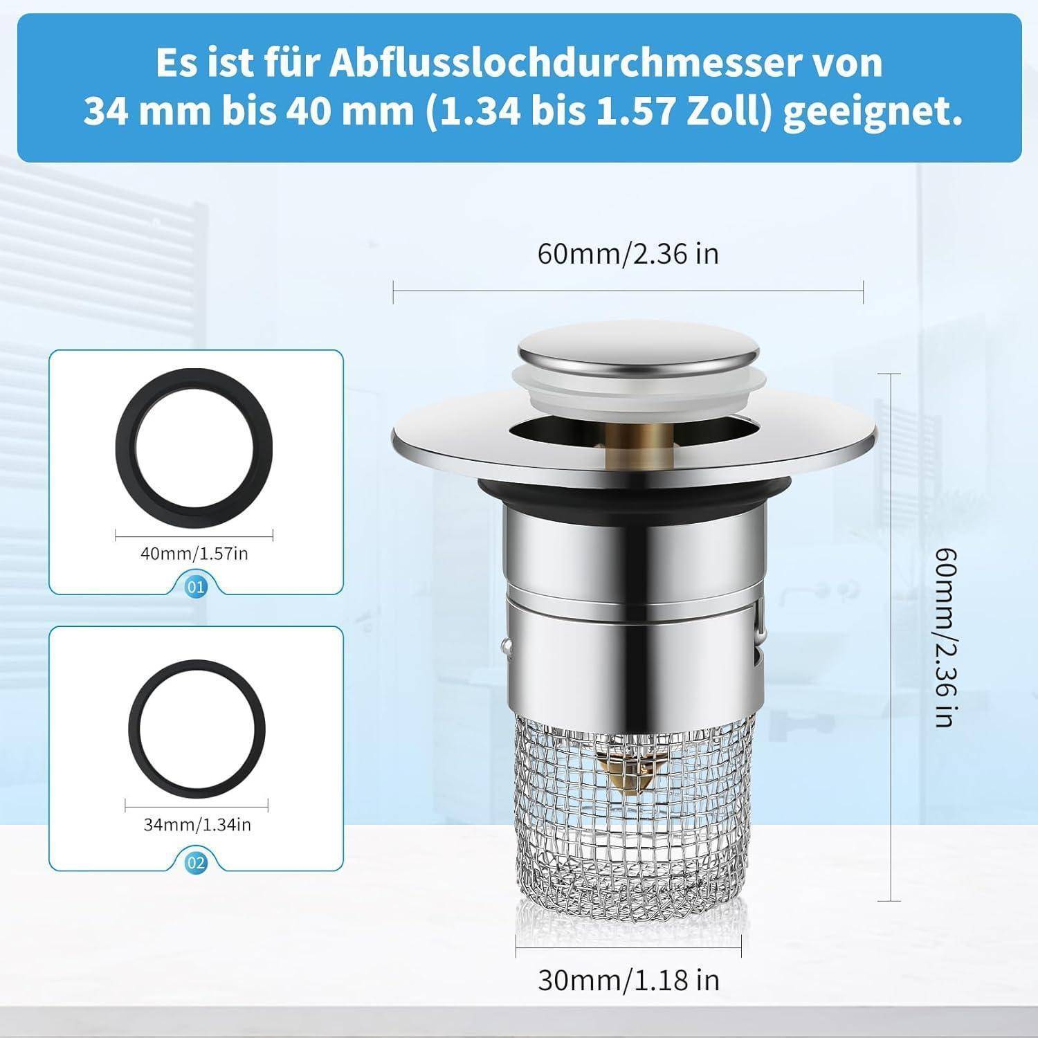 Diagramm eines Spülbeckenablaufstöpsels, der in Öffnungen von 34–40 mm passt; beschriftete Abmessungen: 60 mm breit, 60 mm hoch, Basisdurchmesser 30 mm.