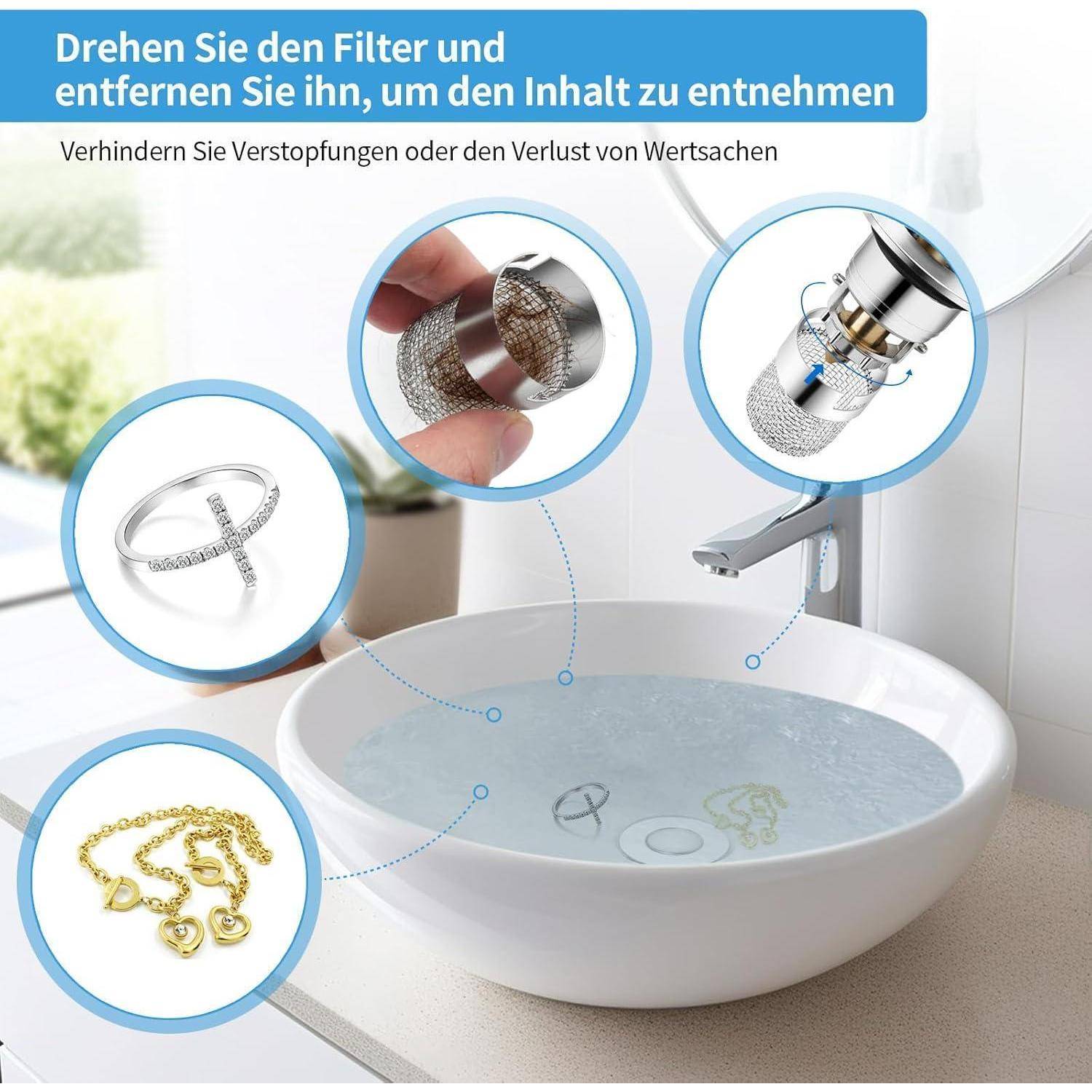 Anleitungsgrafik zur Entfernung eines Spülbeckenabflussfilters durch Drehen, um Verstopfungen oder Verlust von Wertsachen zu verhindern; enthält Schmuckbeispiele und ein Badezimmerbecken.