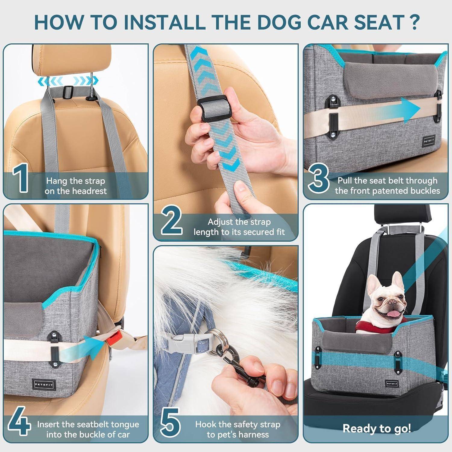 Schritt-für-Schritt-Infografik zur Installation eines Hundekissens im Auto: Riemen an der Kopfstütze aufhängen, Länge anpassen, Sicherheitsgurt durch die Schnallen führen, Zunge in die Schnalle einführen, Sicherheitsriemen einhaken; fertiges Kissen ist einsatzbereit.