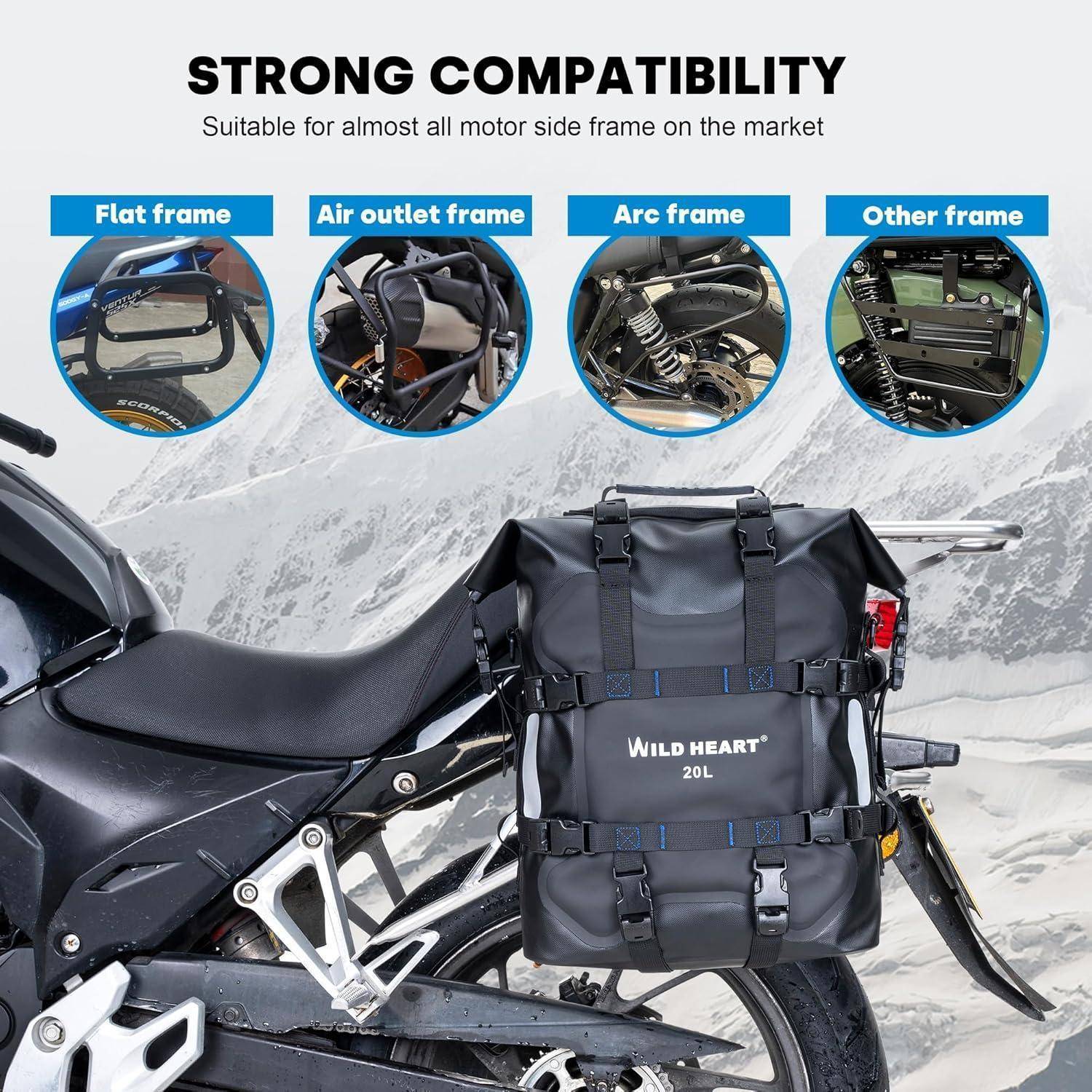Motorrad-Seitentasche, die auf einem Motorrad montiert ist, mit Text, das starke Kompatibilität für flache, Luftauslass-, Bogen- und andere Seitenrahmen zeigt.