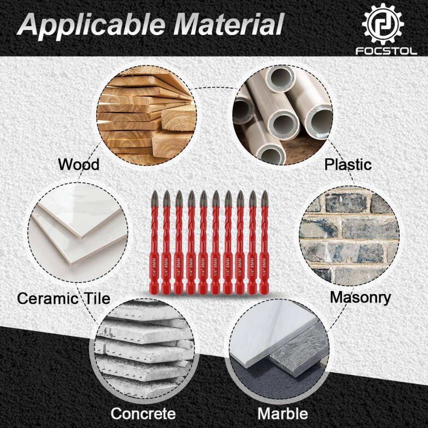 Infografik mit roten Bohrern mit der Bezeichnung „Anwendbares Material" für Holz, Kunststoff, Keramikfliesen, Mauerwerk, Beton und Marmor.