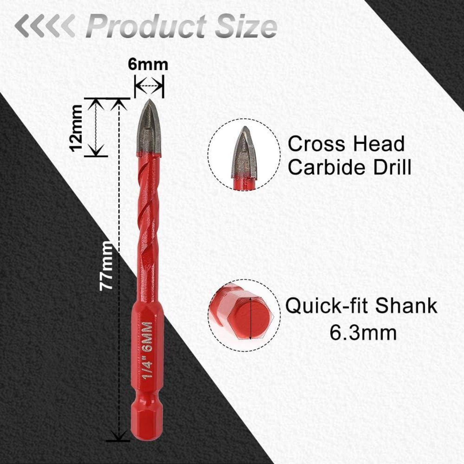 Produktgrößendiagramm eines roten Kreuzschliff-Hartmetallbohrers: 77 mm lang, 6 mm Spitze, 12 mm Kopf, mit 6,3 mm Schnellwechsel-Schaft.