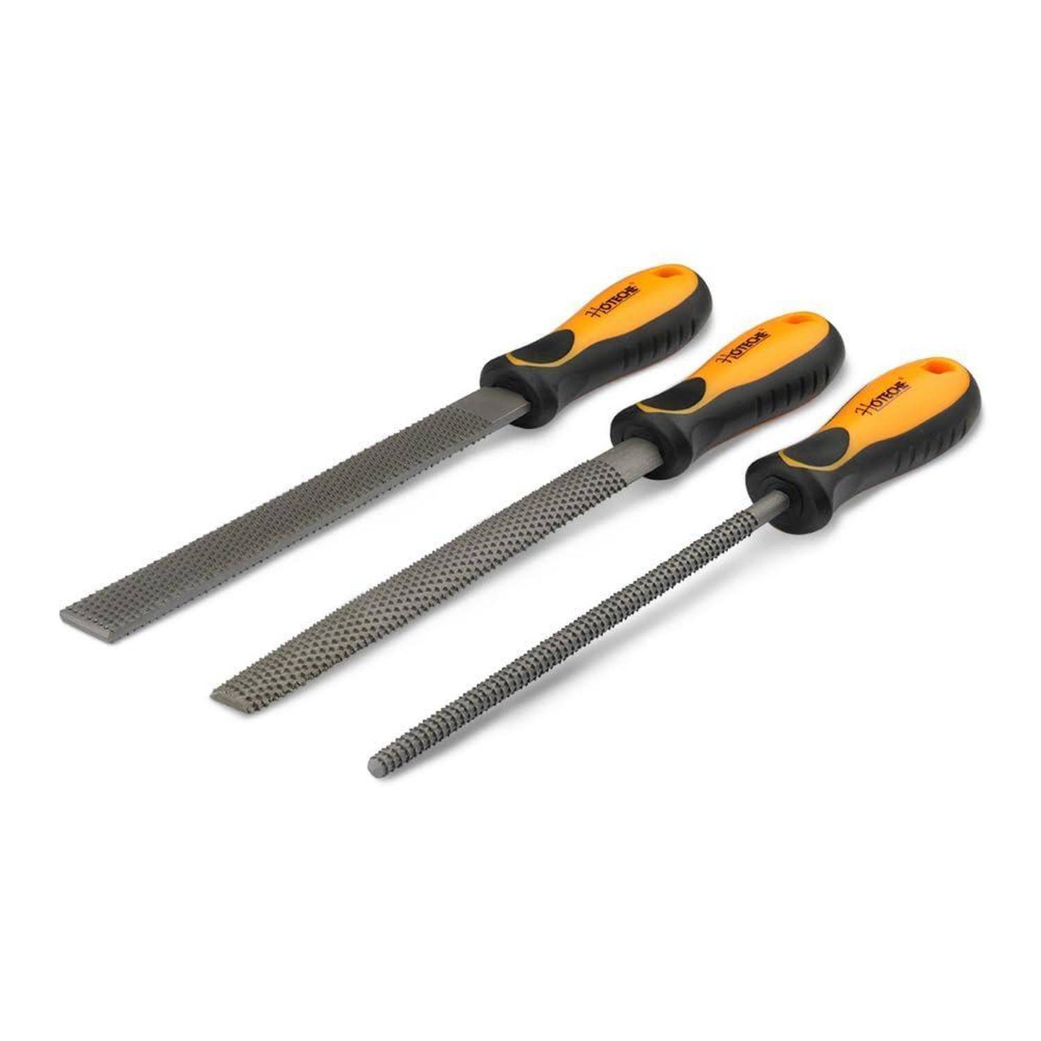 Drei Handfeilen mit orange-schwarzen Griffen, dargestellt in verschiedenen Formen zum Flachfeilen, Halbrundfeilung und Rundfeilung.